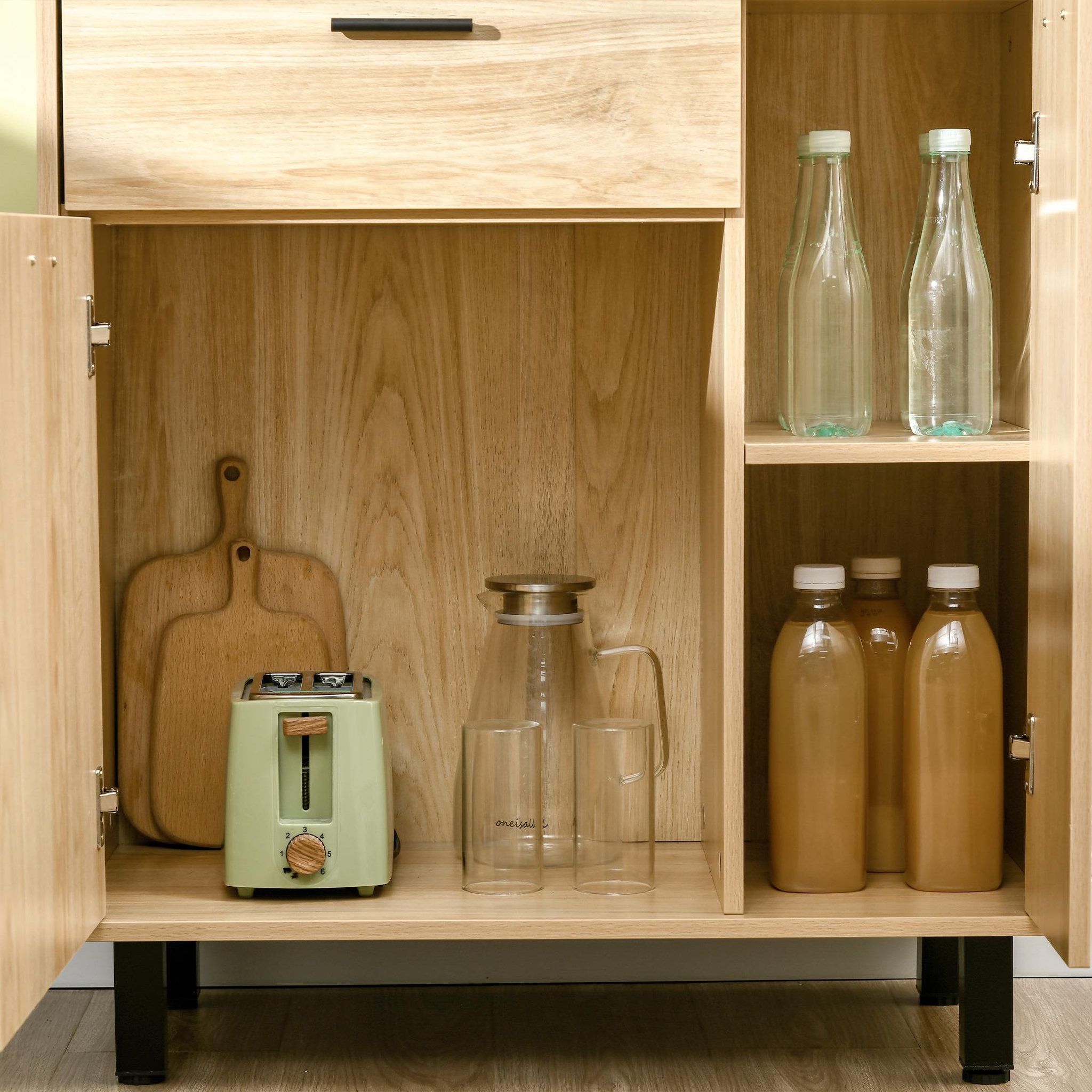 Voir la diapositive 4 : HOMCOM Buffet haut - armoire de cuisine multi-rangement - 3 portes, 4 niches, tiroir - piètement métal noir panneaux particules aspect bois clair