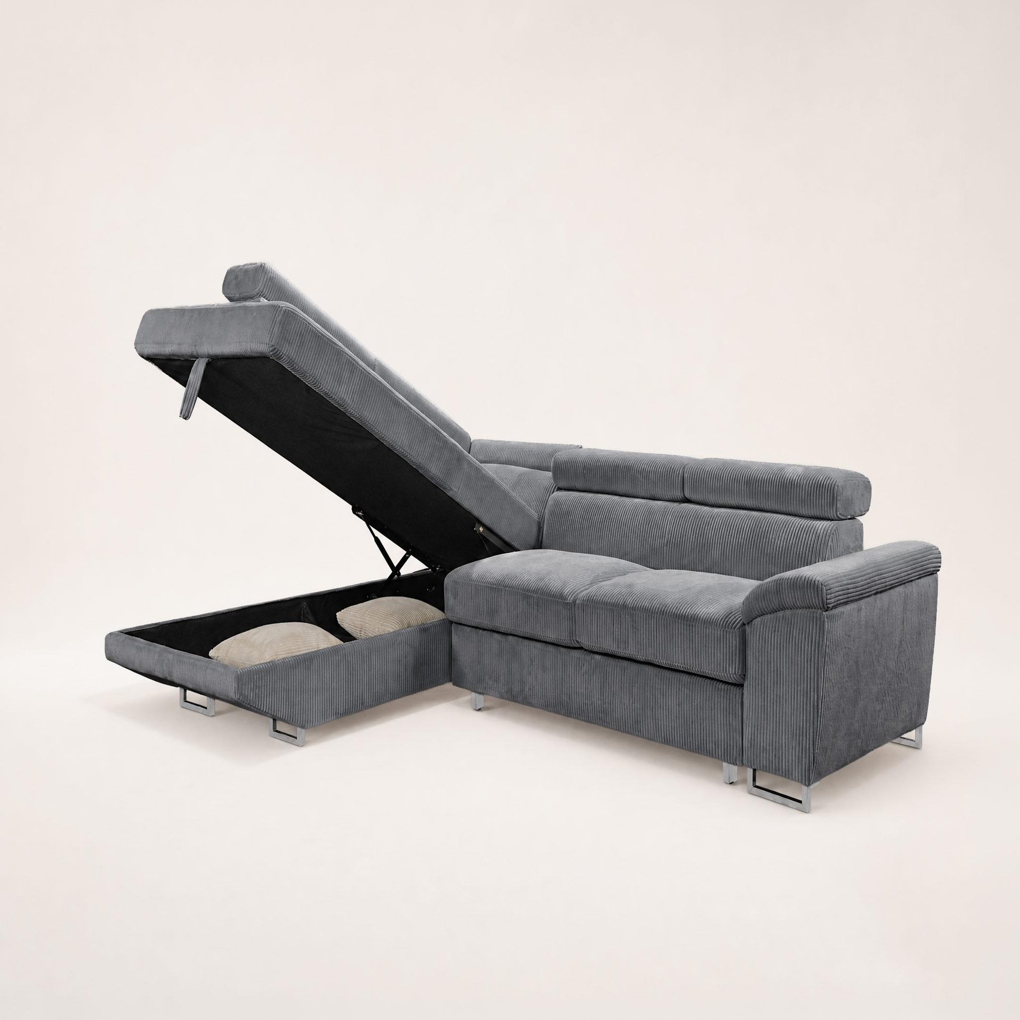Voir la diapositive 5 : BEST MOBILIER Baoji - canapé d'angle gauche 5 places convertible avec têtières et coffre en velours côtelé