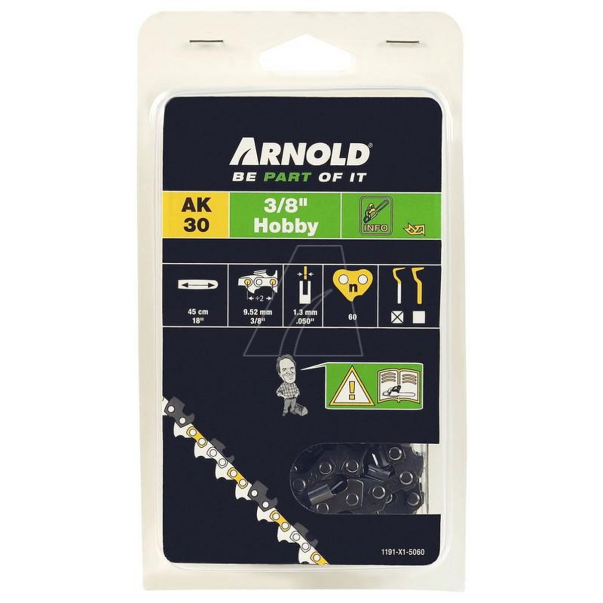 ARNOLD Chaîne de tronçonneuse 3/8 ,1,3 mm - 60 maillons d'entraineurs - gouges demi-rondes