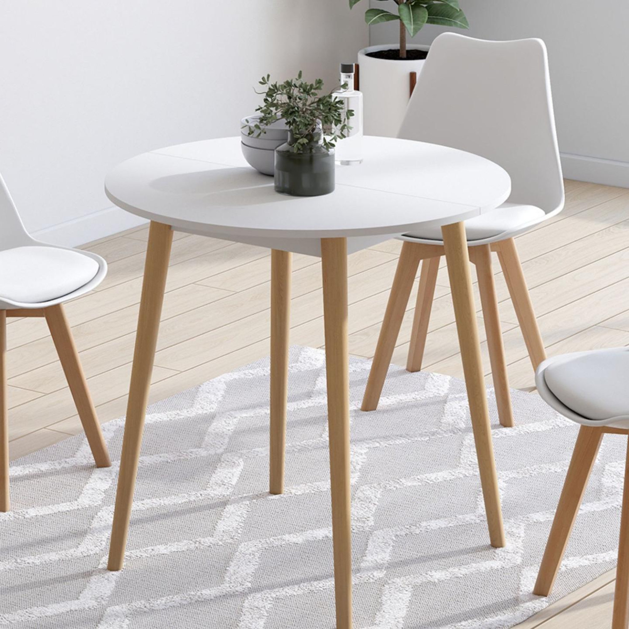 Voir la diapositive 2 : ID MARKET Table à manger fixe ronde angela 4 personnes blanc pieds bois 80 cm