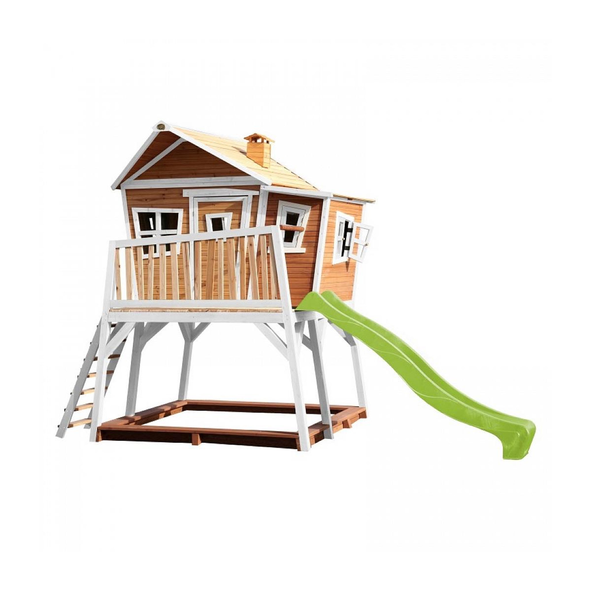 Axi House AXI Maisonnette MAX Brun Blanc avec toboggan Vert Citron et bac à sable