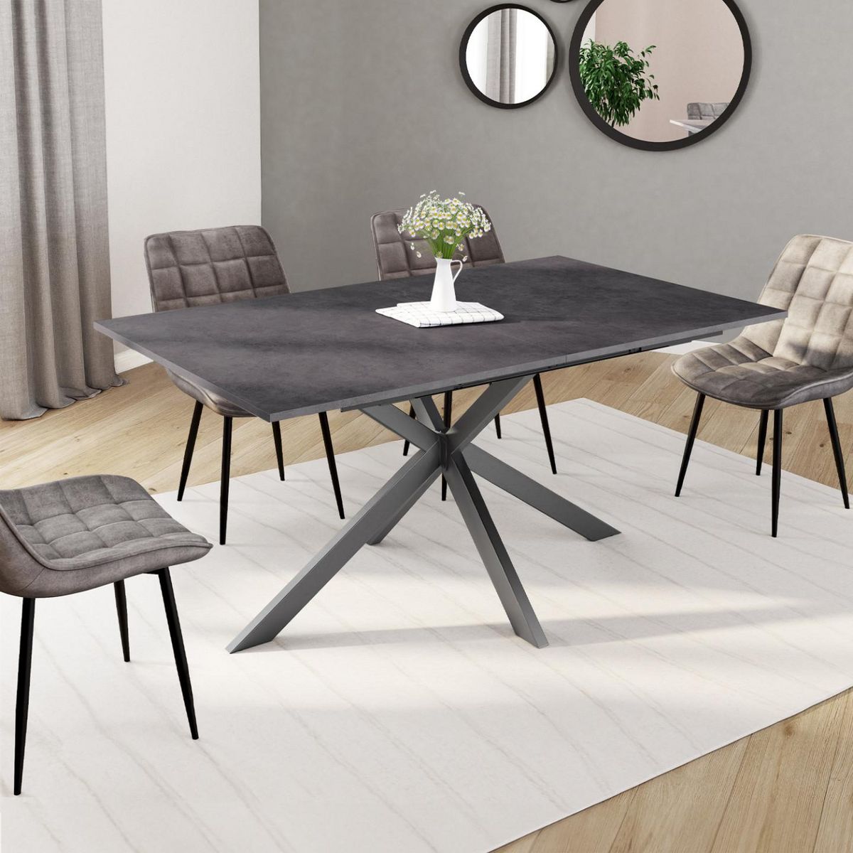 ID MARKET Table à manger extensible rectangle JASPE 6-10 personnes plateau effet béton pied araignée gris anthracite 160-200cm
