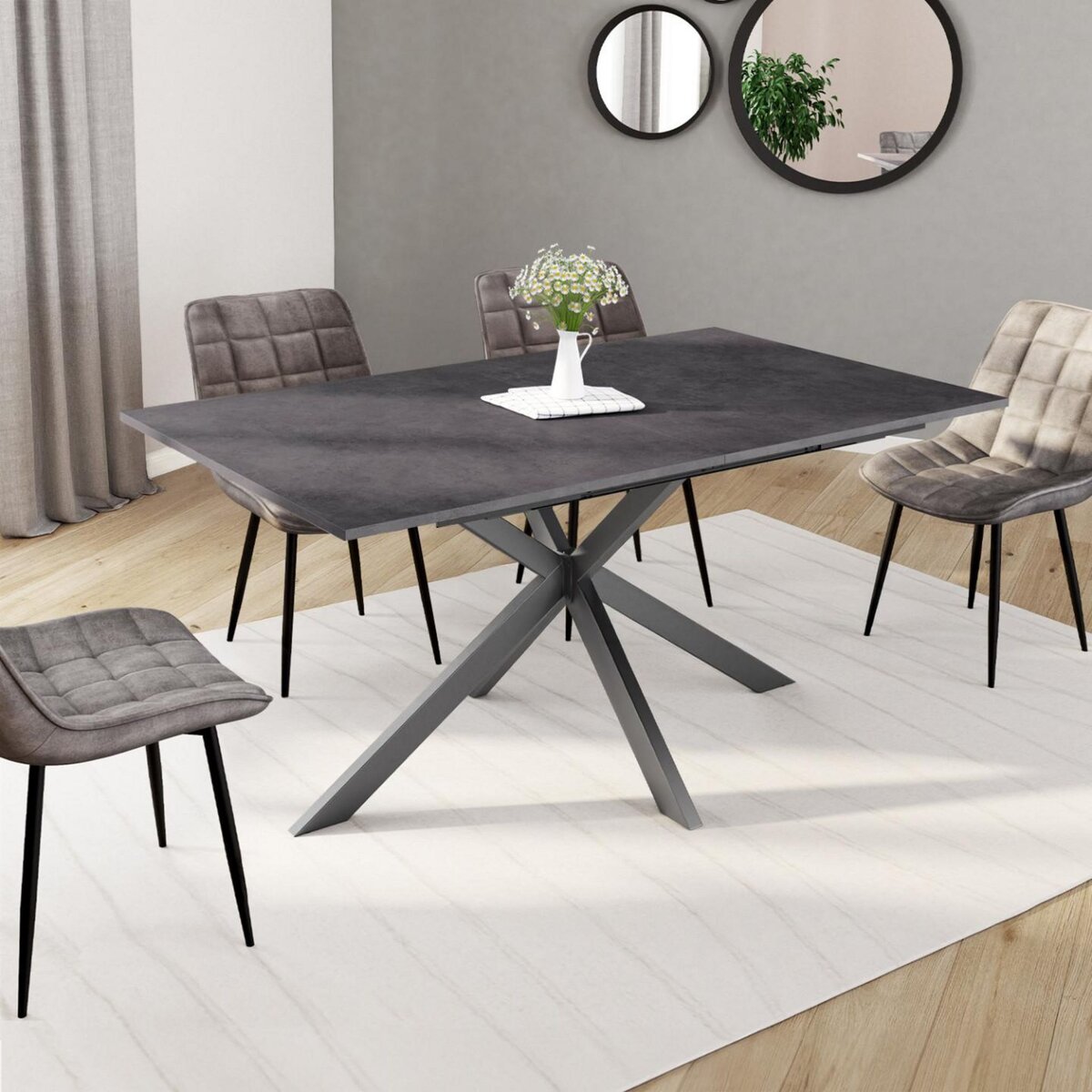 ID MARKET Table à manger extensible rectangle JASPE 6-10 personnes plateau effet béton pied araignée gris anthracite 160-200cm