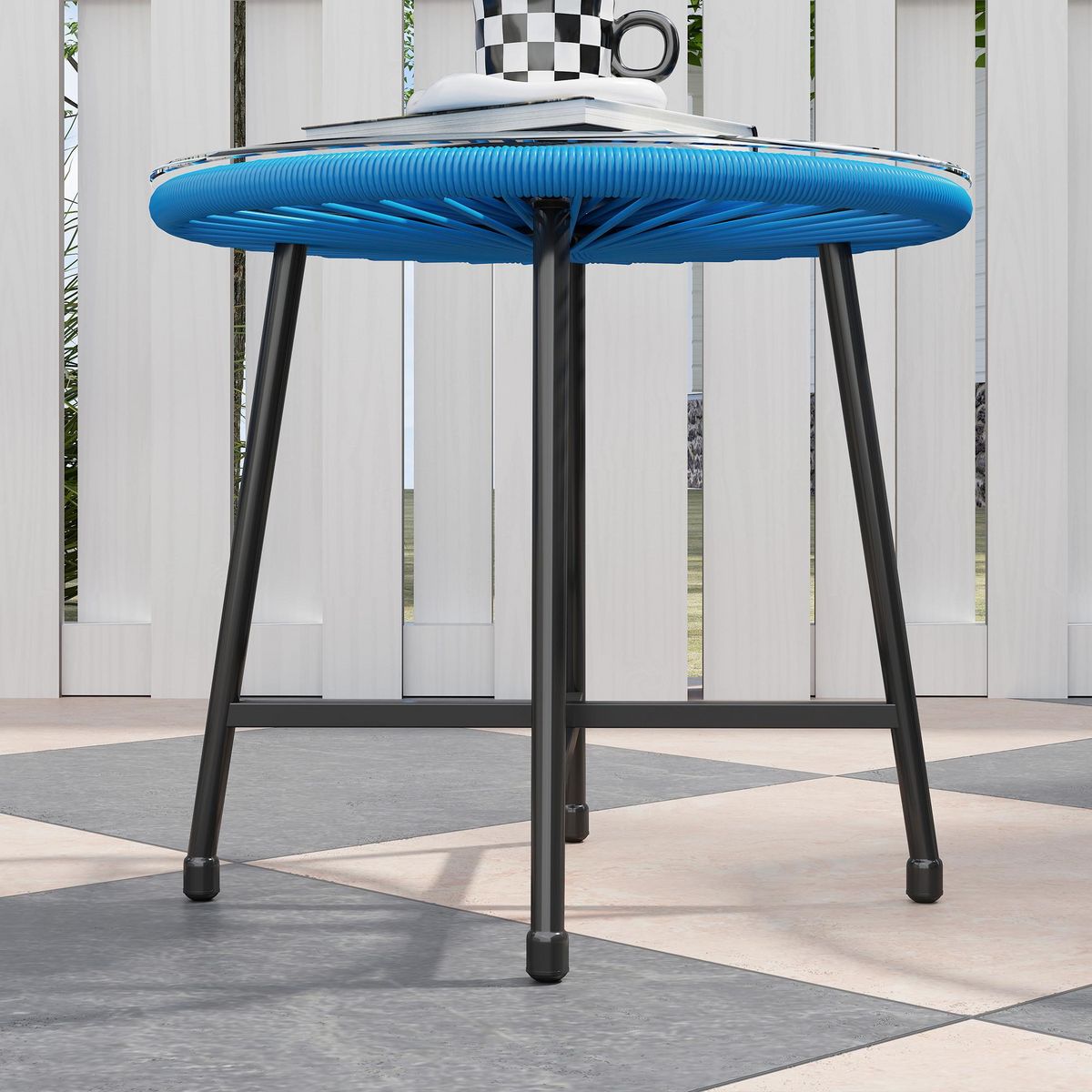 OUTSUNNY Salon de jardin 3 pcs 2 places design Acapulco plateau verre trempé acier noir résine filaire bleu