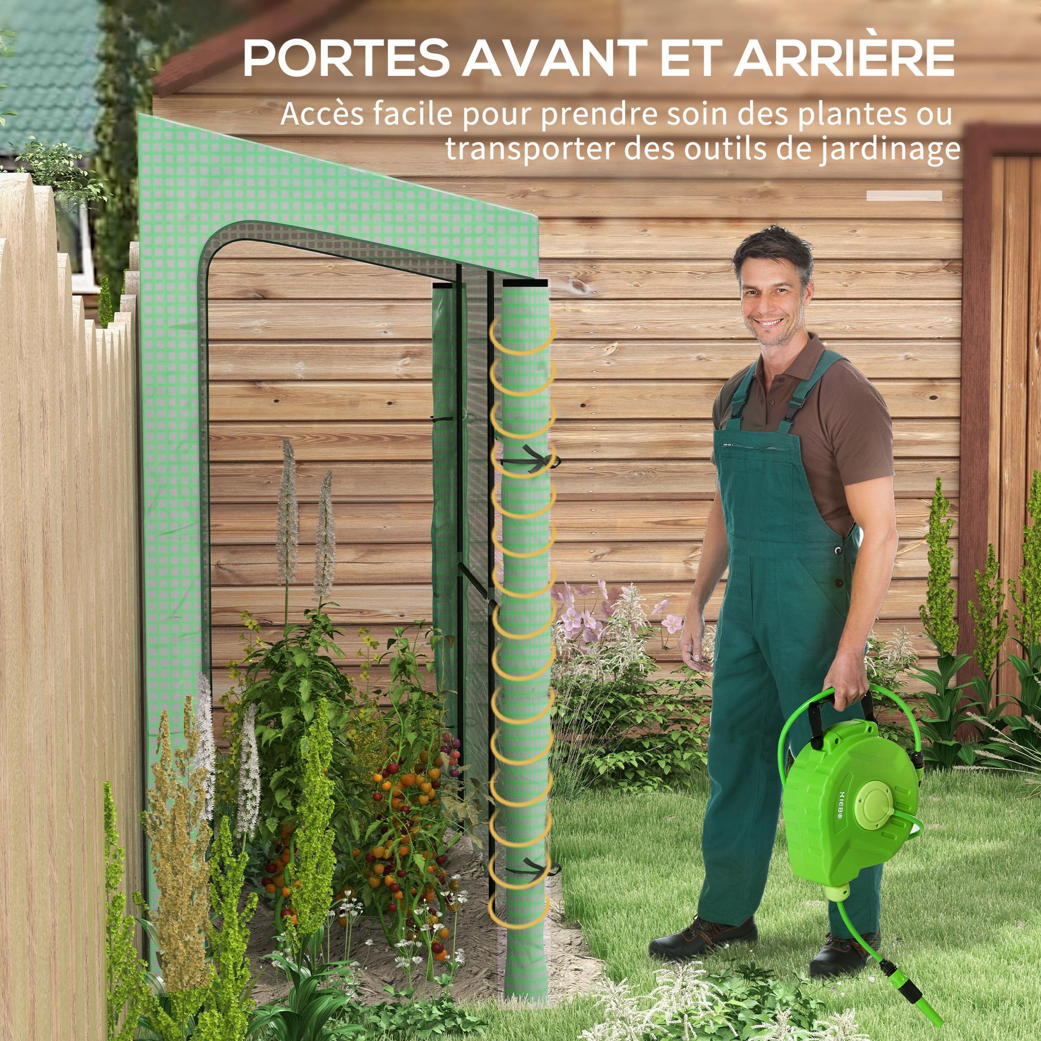 Voir la diapositive 5 : OUTSUNNY Serre de jardin adossée serre adossée dim. 2l x 0,8l x 2h m 2 portes zippées fenêtre acier pe haute densité vert