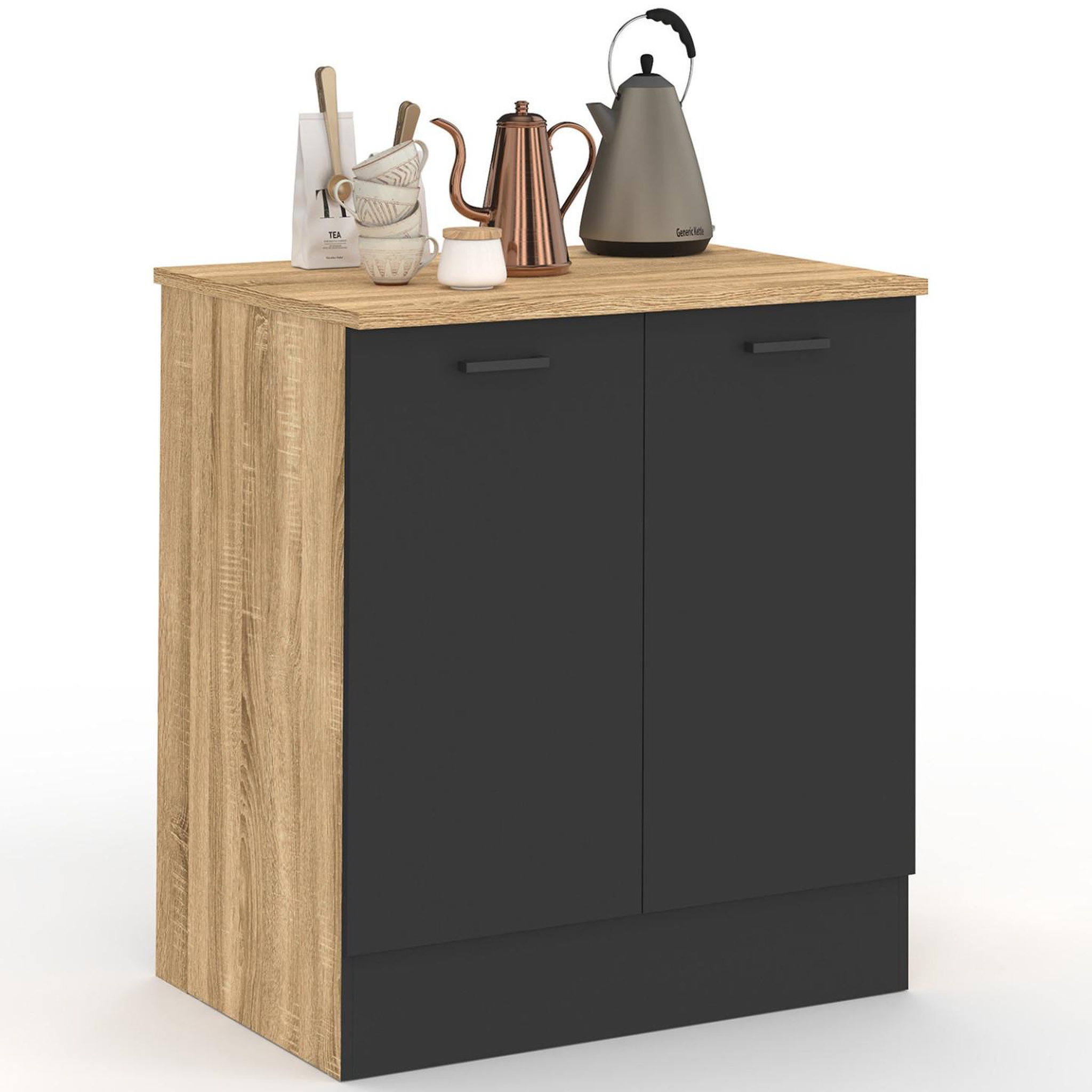 ID MARKET Meuble bas de cuisine 80 cm stil appoint 2 portes bois et noir