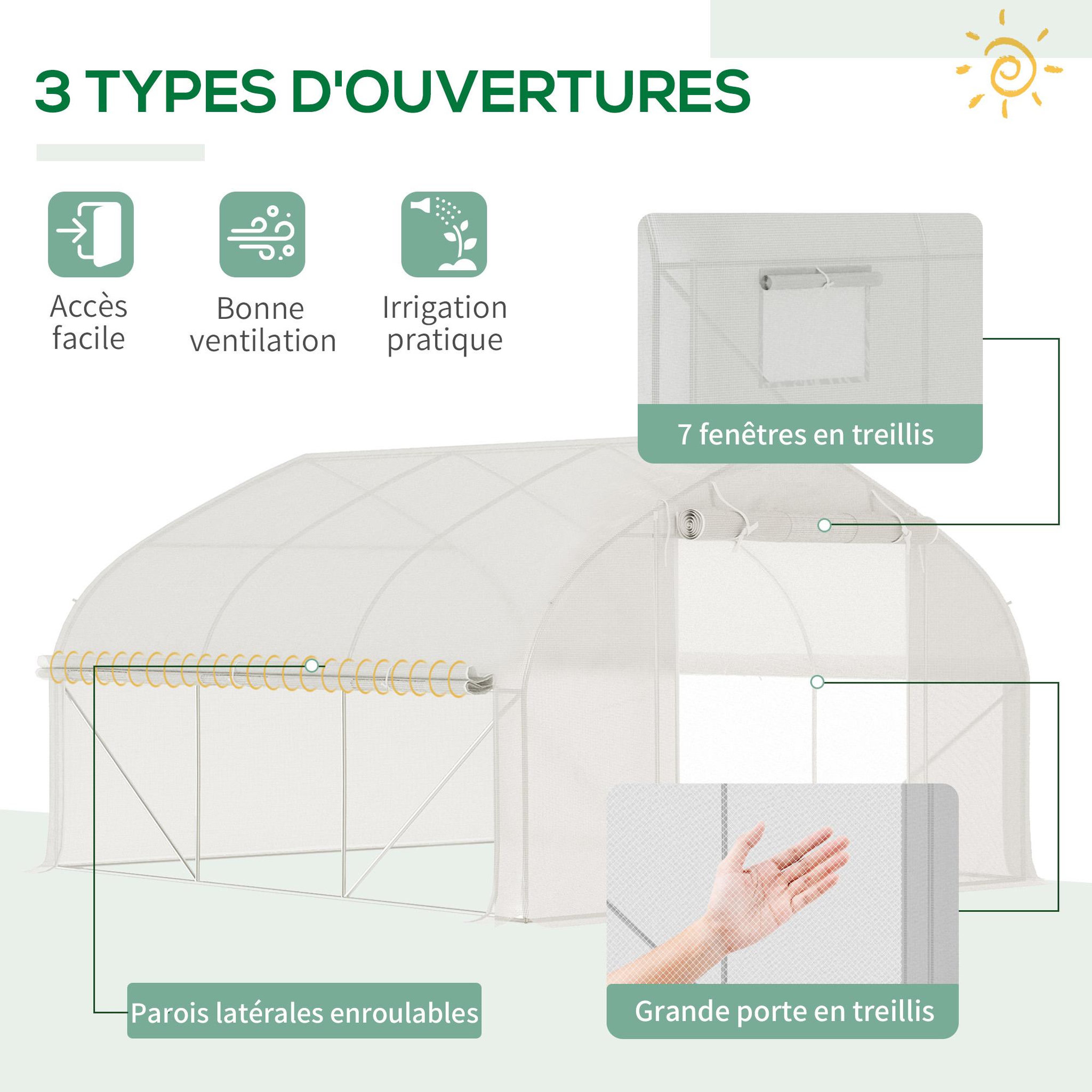 Voir la diapositive 3 : OUTSUNNY Serre de jardin tunnel 10,4 m² - 6 fenêtres et porte zippée avec moustiquaires - acier galvanisé pe blanc