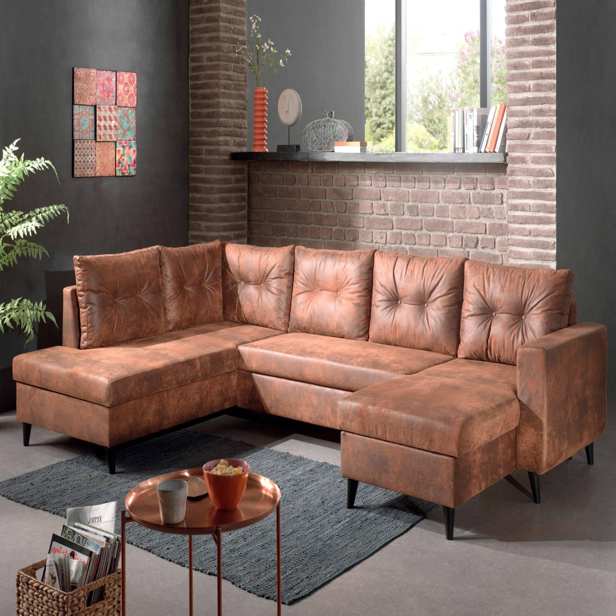 BEST MOBILIER Nordic - canapé panoramique en u - 7 places - convertible - industriel vintage - angle gauche. Coloris disponibles : Marron