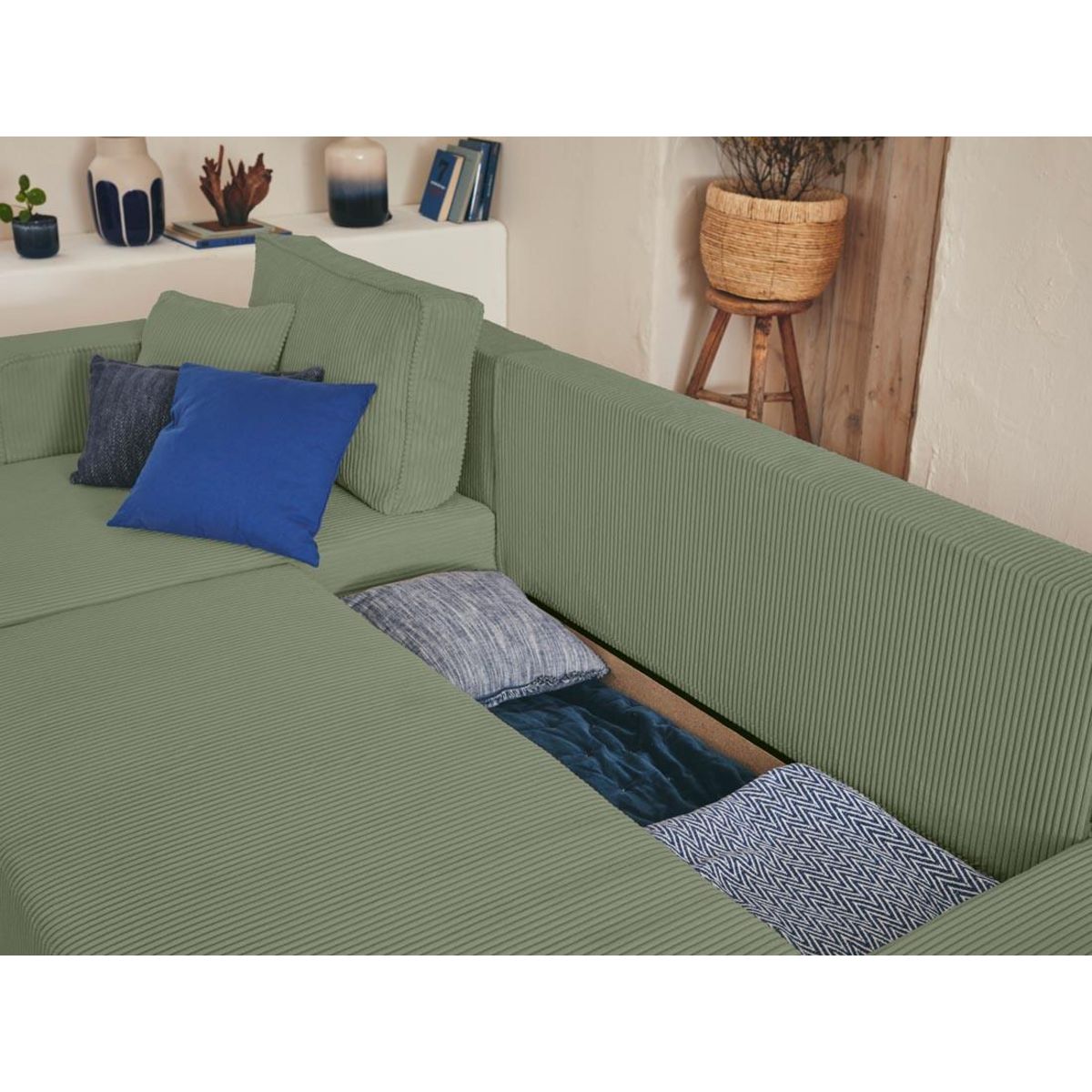 BEST MOBILIER Topaze - canapé d'angle réversible - 4 places - convertible avec coffre - en velours côtelé