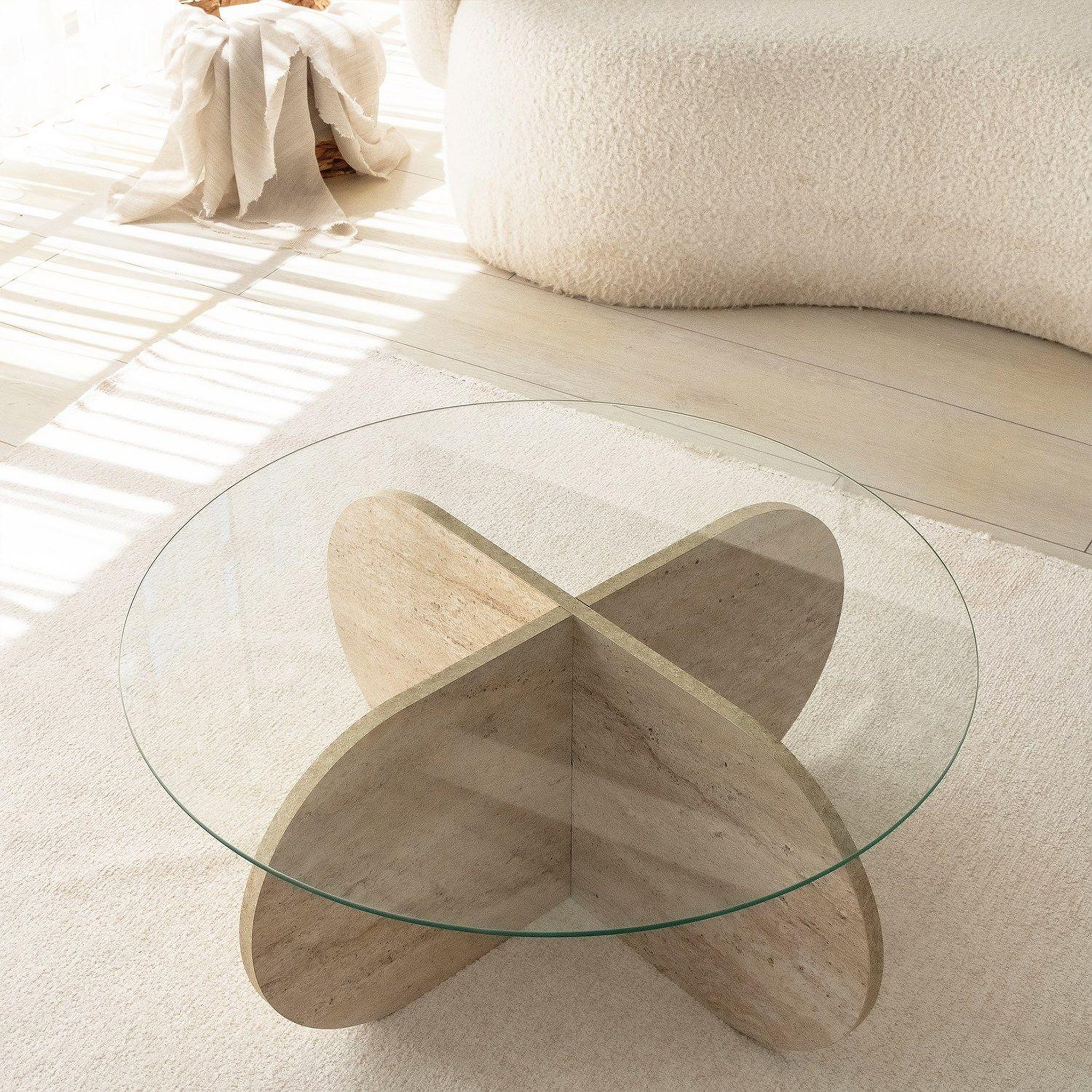 Voir la diapositive 4 : TOILINUX Table basse ronde en verre et effet travertin - beige