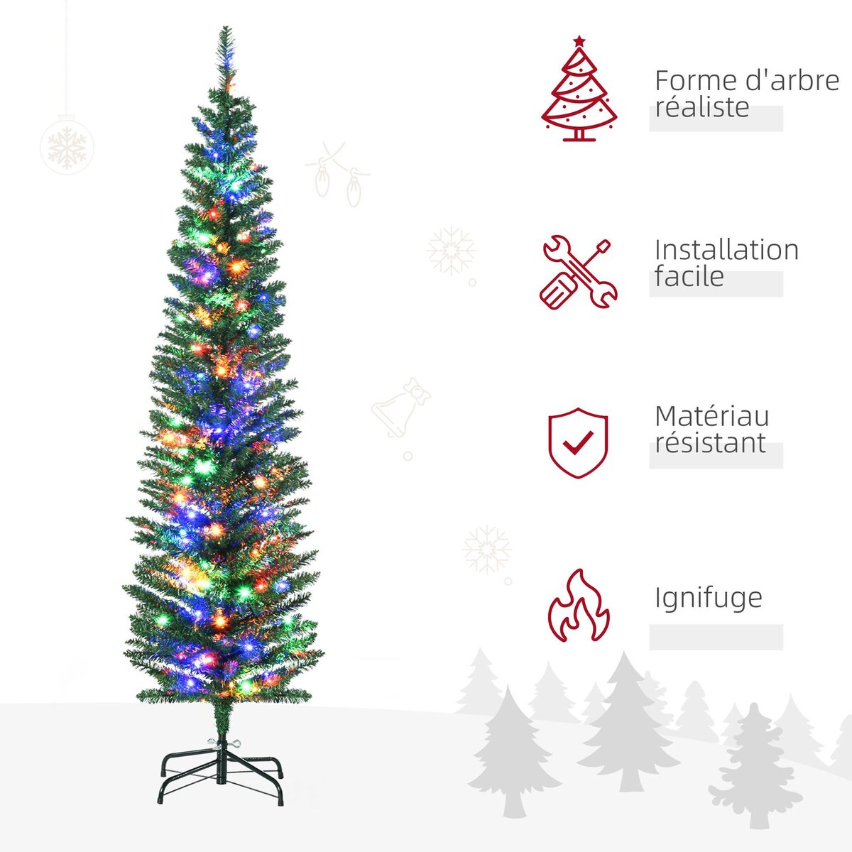 HOMCOM Sapin de Noël artificiel lumineux 150 LED multicolores Ø 50 x 180H cm 390 branches forme cyprès vert