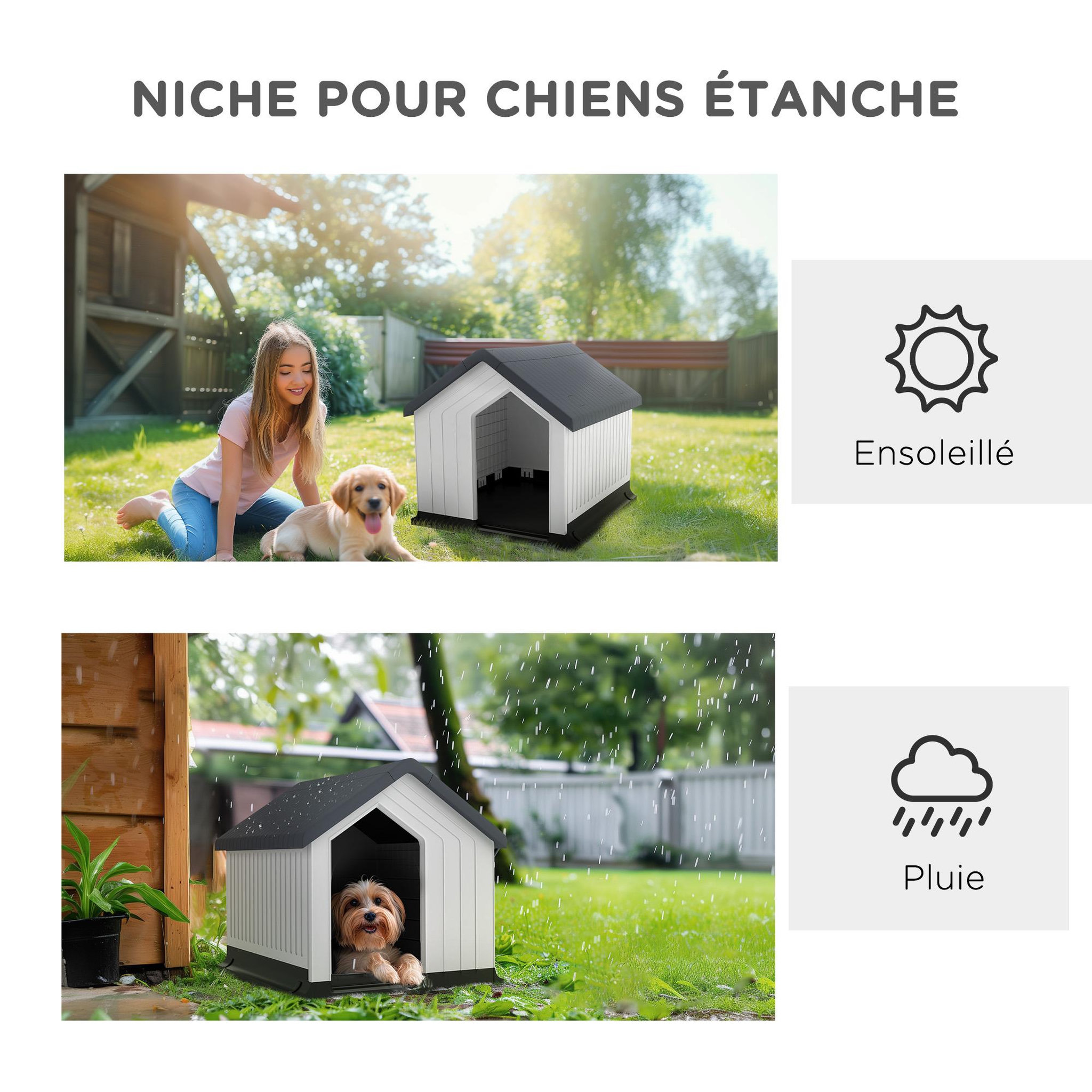Voir la diapositive 6 : PAWHUT Niche chien extérieure - maison chien - niche plastique - grille d'aération - dim. 62L x 61l x 60H cm - blanc gris noir