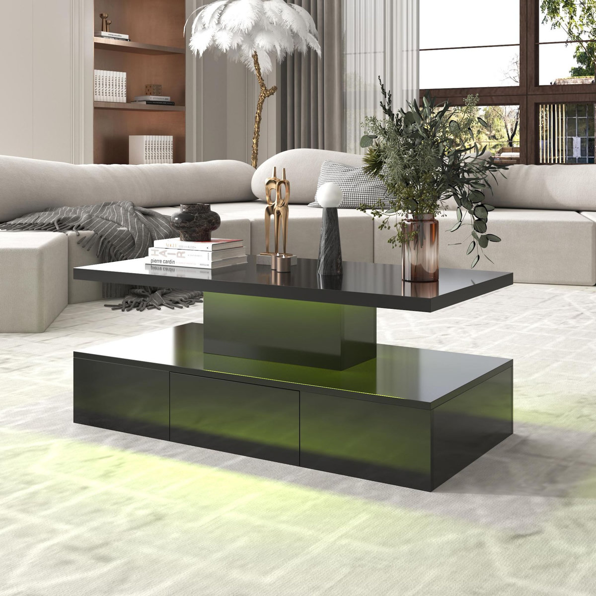 MERAX Table Basse Avec 1 Tiroir Et LED Noir