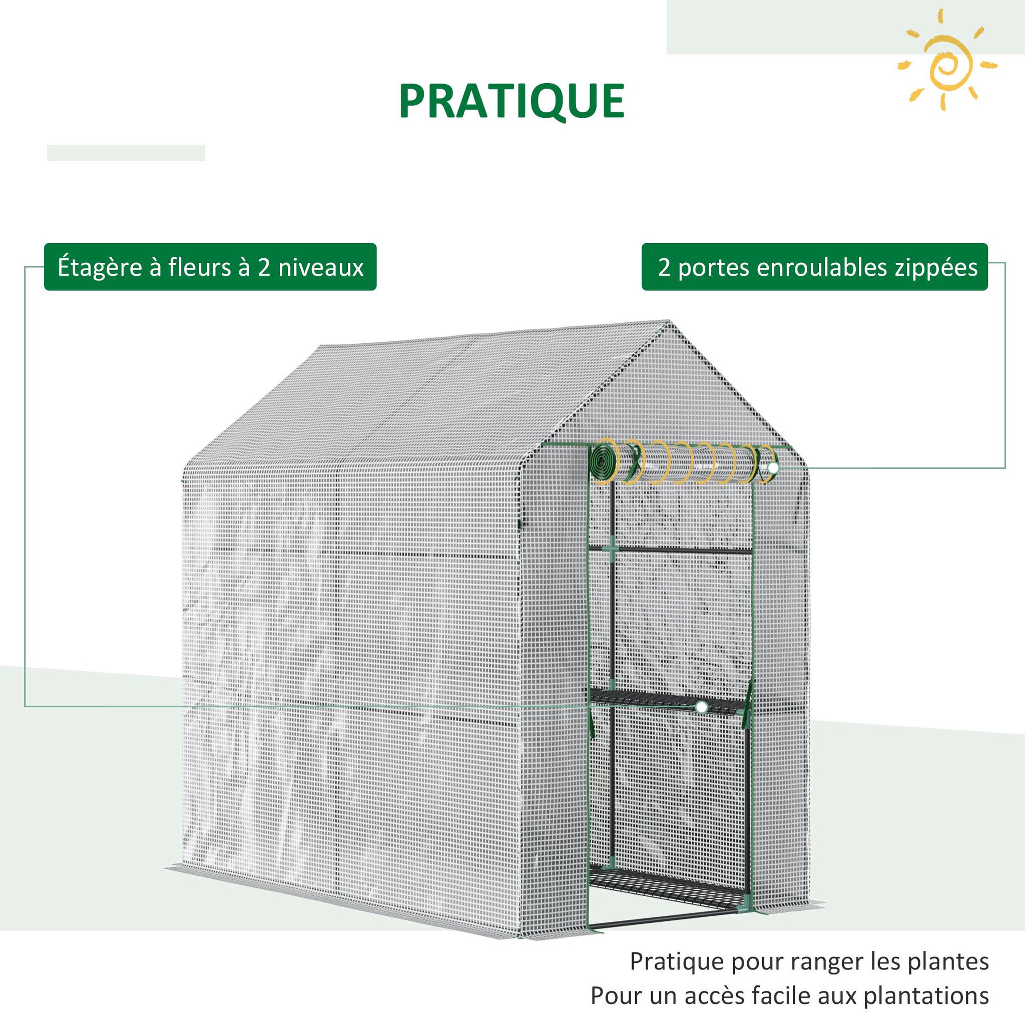 Voir la diapositive 4 : OUTSUNNY Serre de jardin 2 tablettes dim. 1,86l x 1,2l x 1,9h m porte déroulante acier pe haute densité 140 g/m² transparent blanc