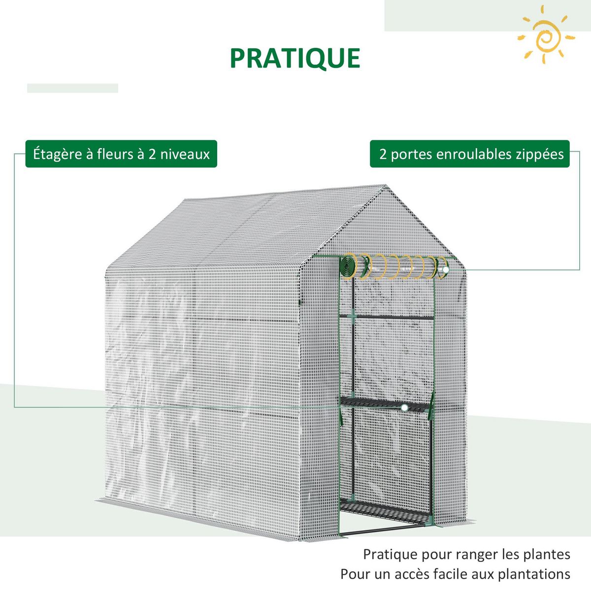 OUTSUNNY Serre de jardin 2 tablettes dim. 1,86L x 1,2l x 1,9H m porte déroulante acier PE haute densité 140 g/m² transparent blanc