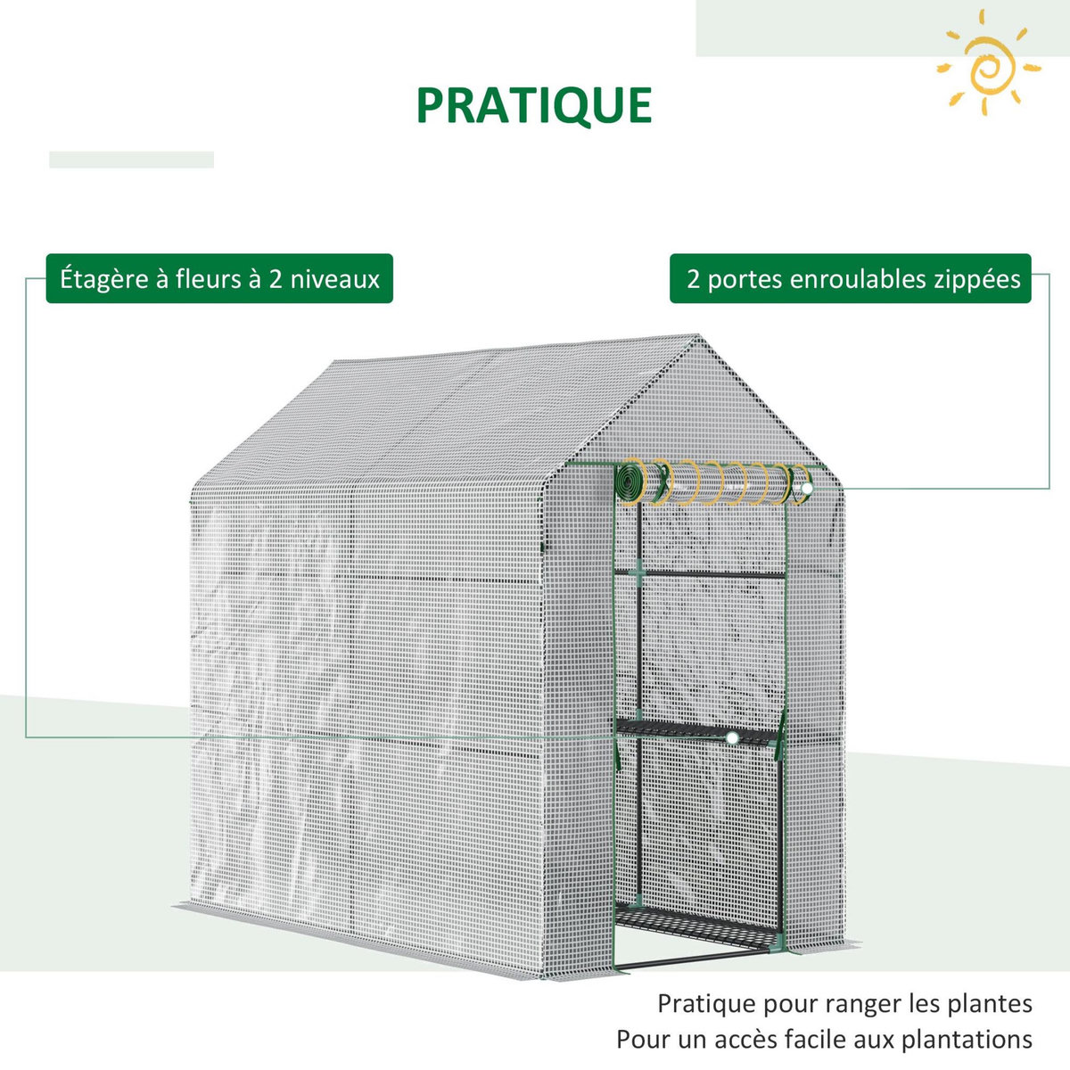 OUTSUNNY Serre de jardin 2 tablettes dim. 1,86L x 1,2l x 1,9H m porte déroulante acier PE haute densité 140 g/m² transparent blanc