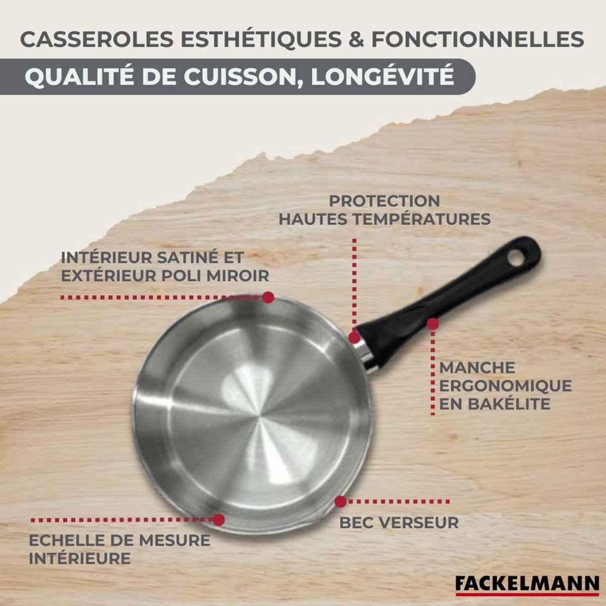 Fackelmann Set de 3 casseroles 12 16 20 cm en inox et 3 faitouts inox 16, 20 et 24 cm Fackelmann Geneva