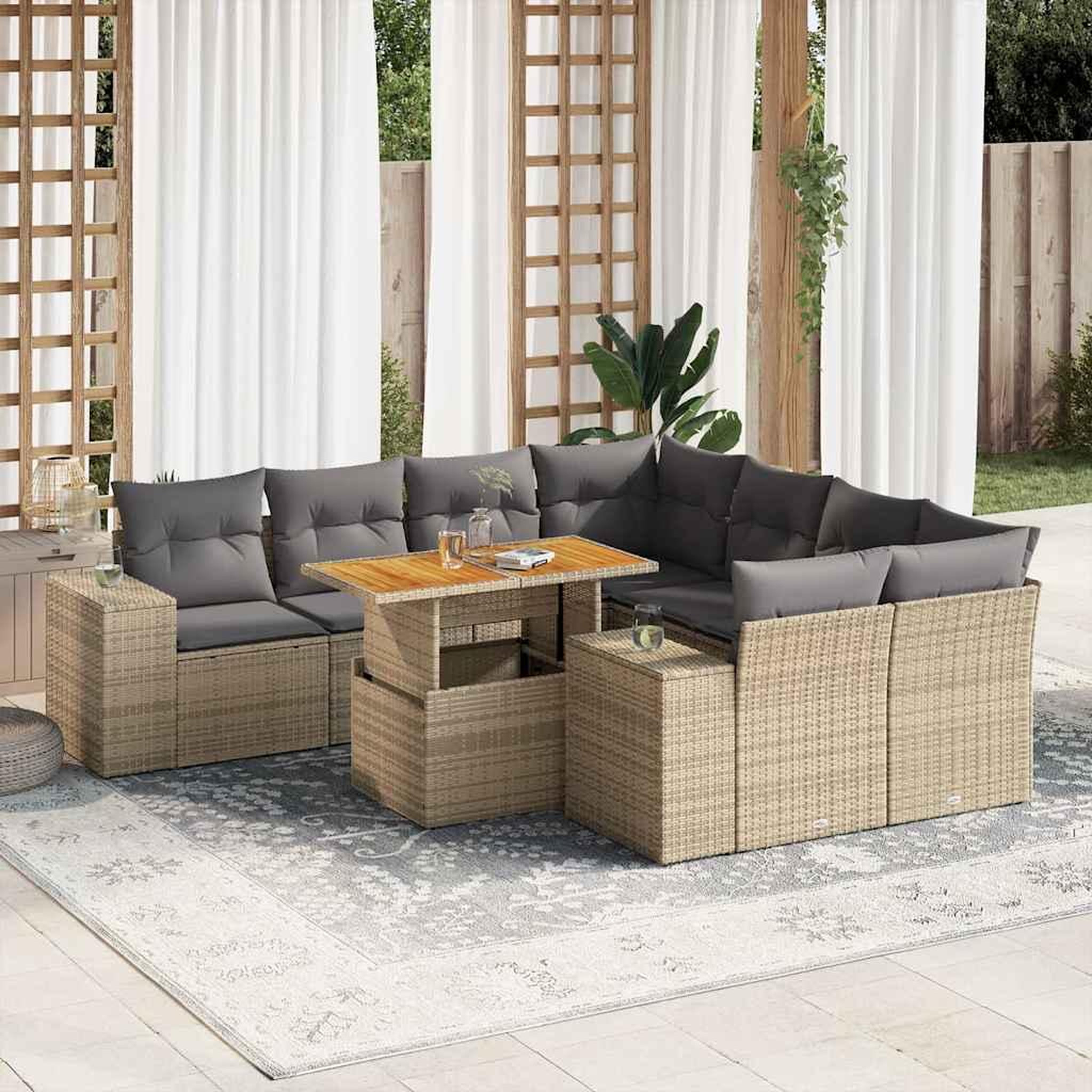 VIDAXL Salon de jardin avec coussins 9 pcs beige resine tressee