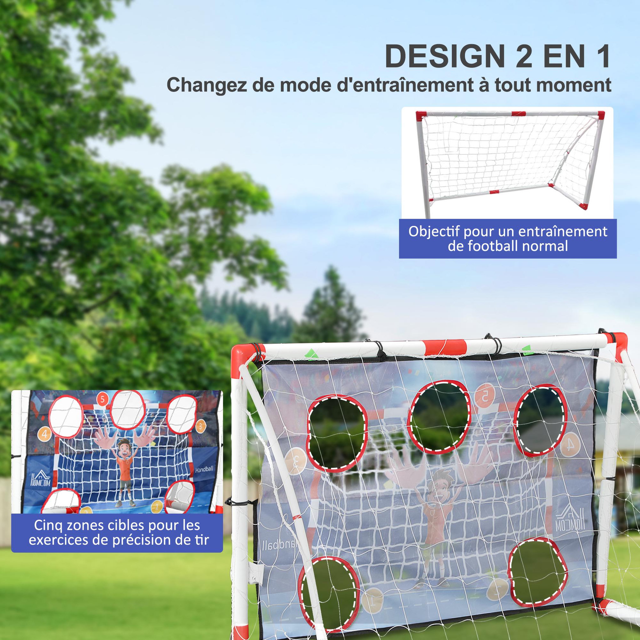 Voir la diapositive 4 : HOMCOM Cage de handball enfant 5 zones cibles - balle, pompe, piquets inclus - blanc rouge