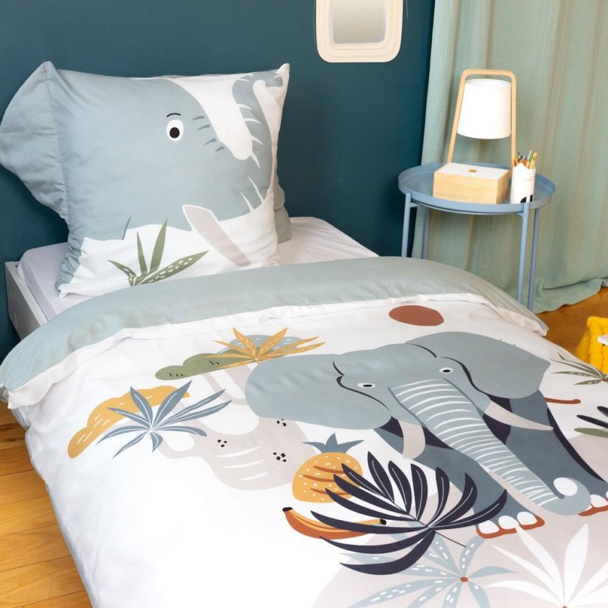 COTE DECO Housse de couette enfant 140x200 + 1 taie Eléphant