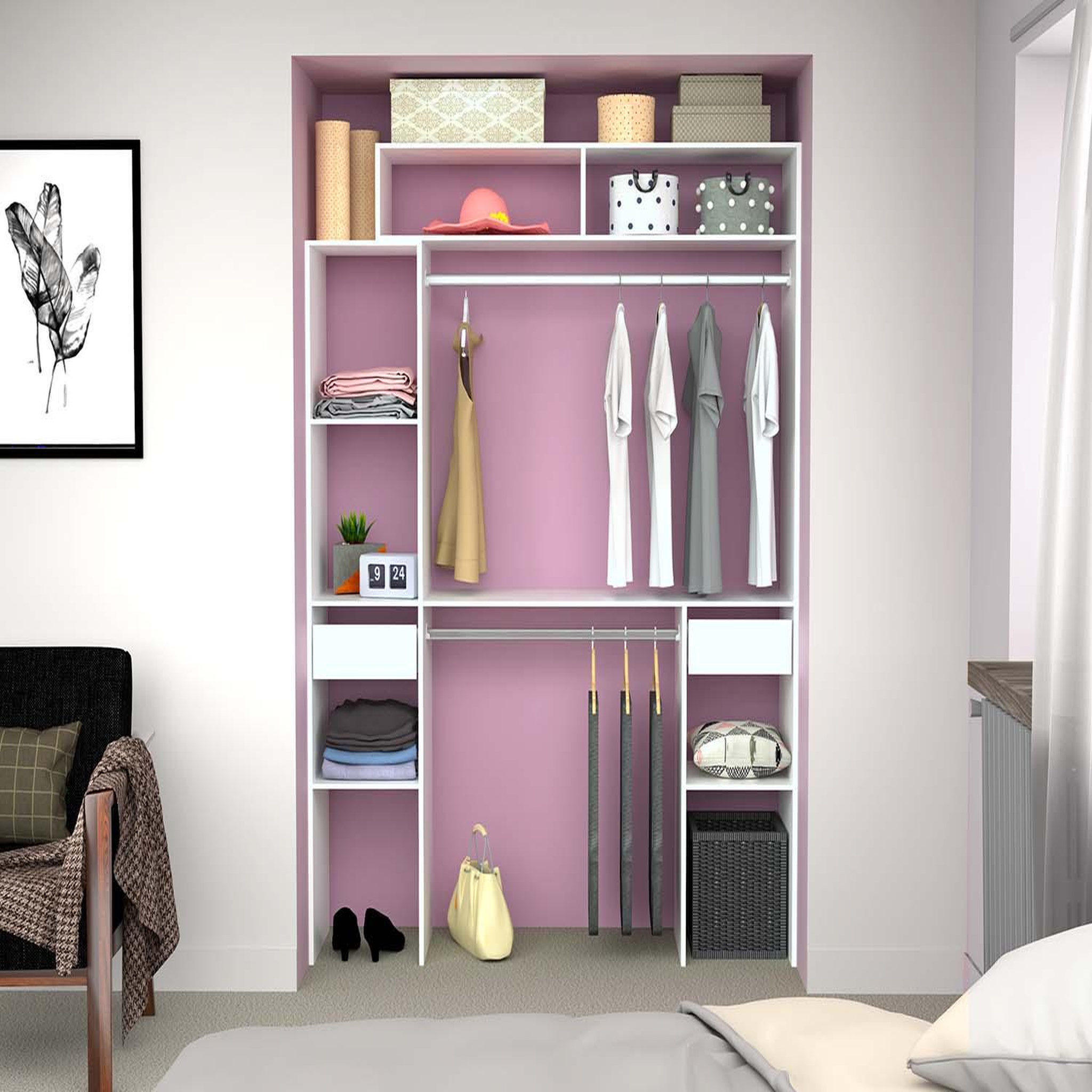 Voir la diapositive 2 : CONCEPT USINE Dressing blanc extensible avec 2 penderies 4 étagères et 2 tiroirs elysee