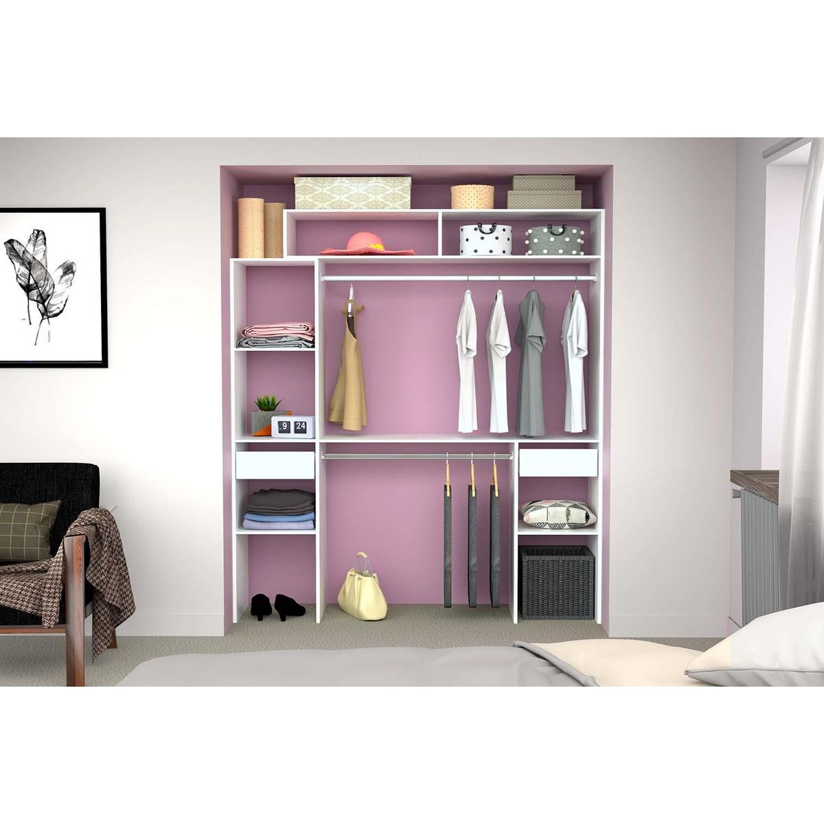 CONCEPT USINE Dressing blanc extensible avec 2 penderies, 4 étagères et 2 tiroirs ELYSEE