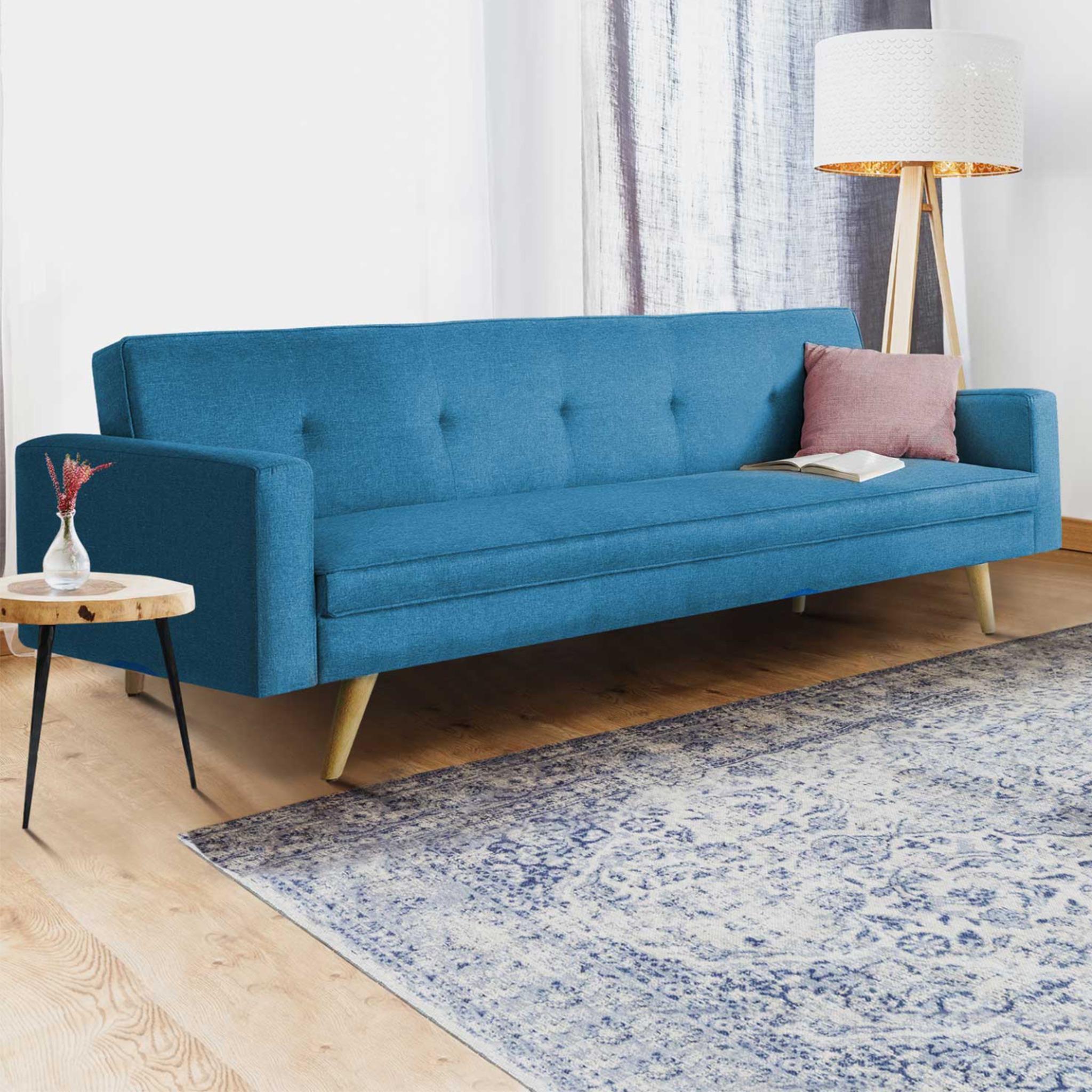 Voir la diapositive 2 : ID MARKET Canapé droit scandinave 3 places convertible lars en tissu bleu canard