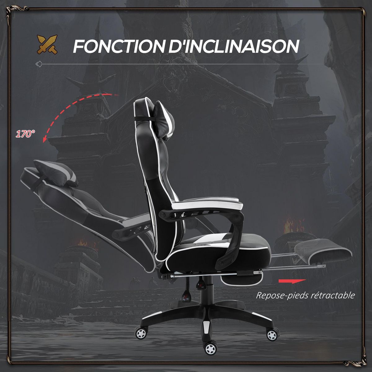 VINSETTO Vinsetto Fauteuil de bureau gamer style baquet racing - pivotant, inclinable - coussin lombaire, tétière, repose-pieds inclus - revêtement synthétique blanc noir