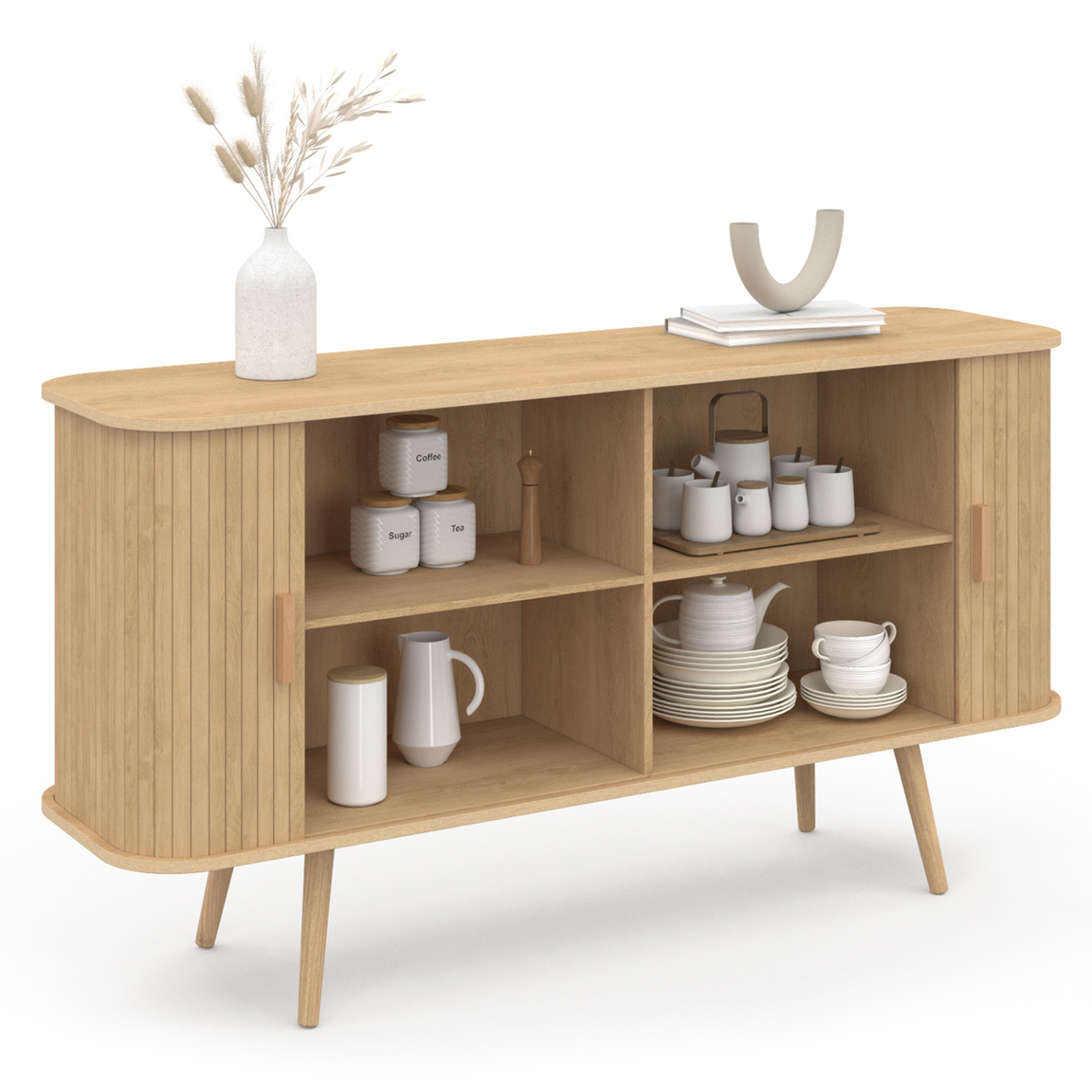Voir la diapositive 4 : ID MARKET Buffet 140 cm romie 2 portes coulissantes latte tasseau bois coloris chêne
