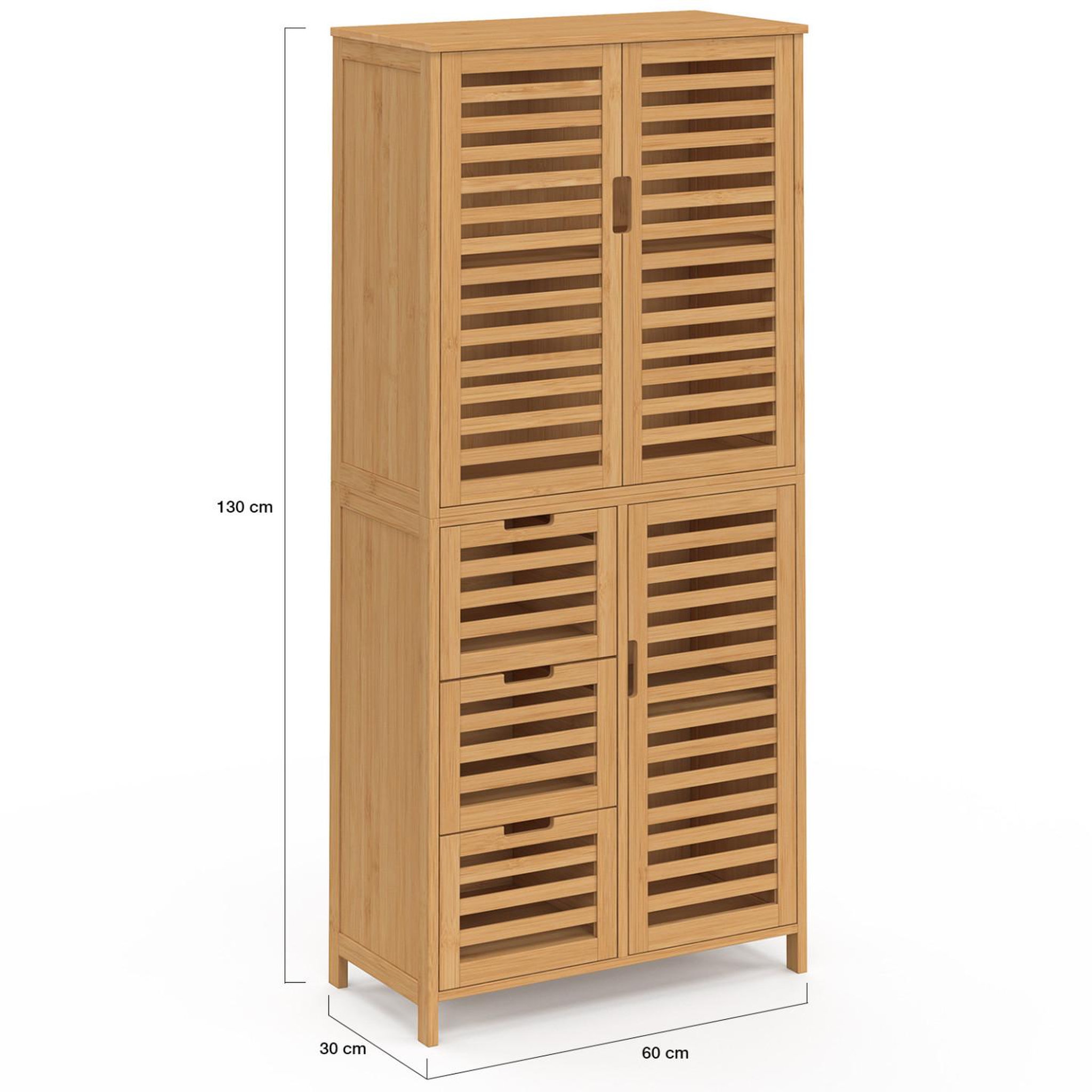 Voir la diapositive 5 : ID MARKET Meuble armoire colonne salle de bain bambou BEA 3 portes et 3 tiroirs