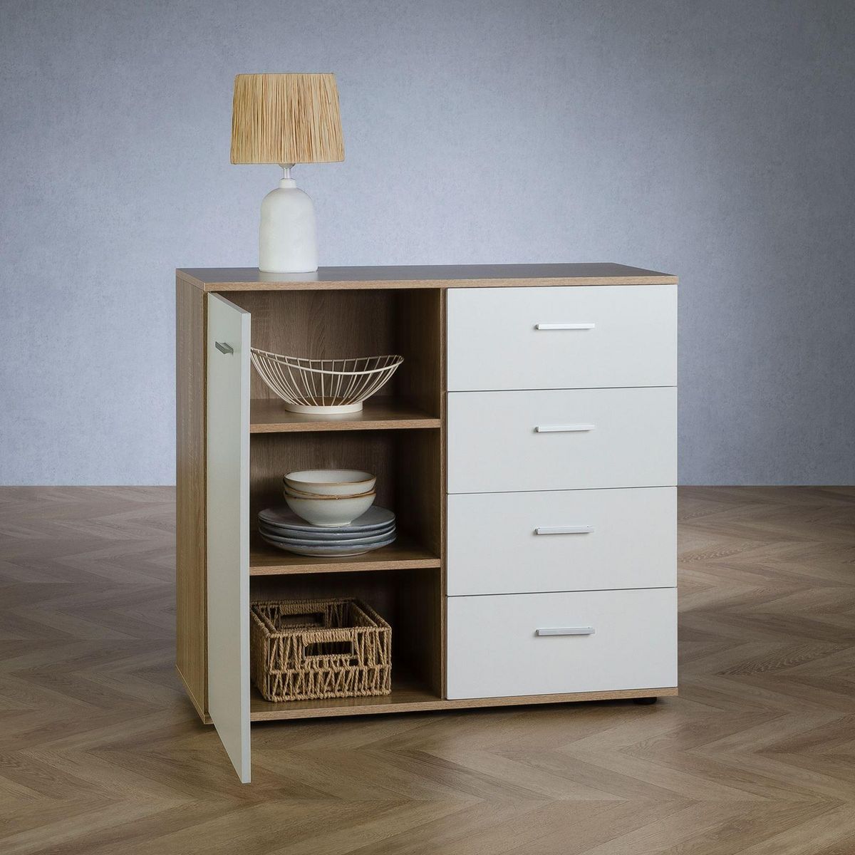 IDIMEX Buffet CHICAGO avec 4 tiroirs et 1 porte, en mélaminé