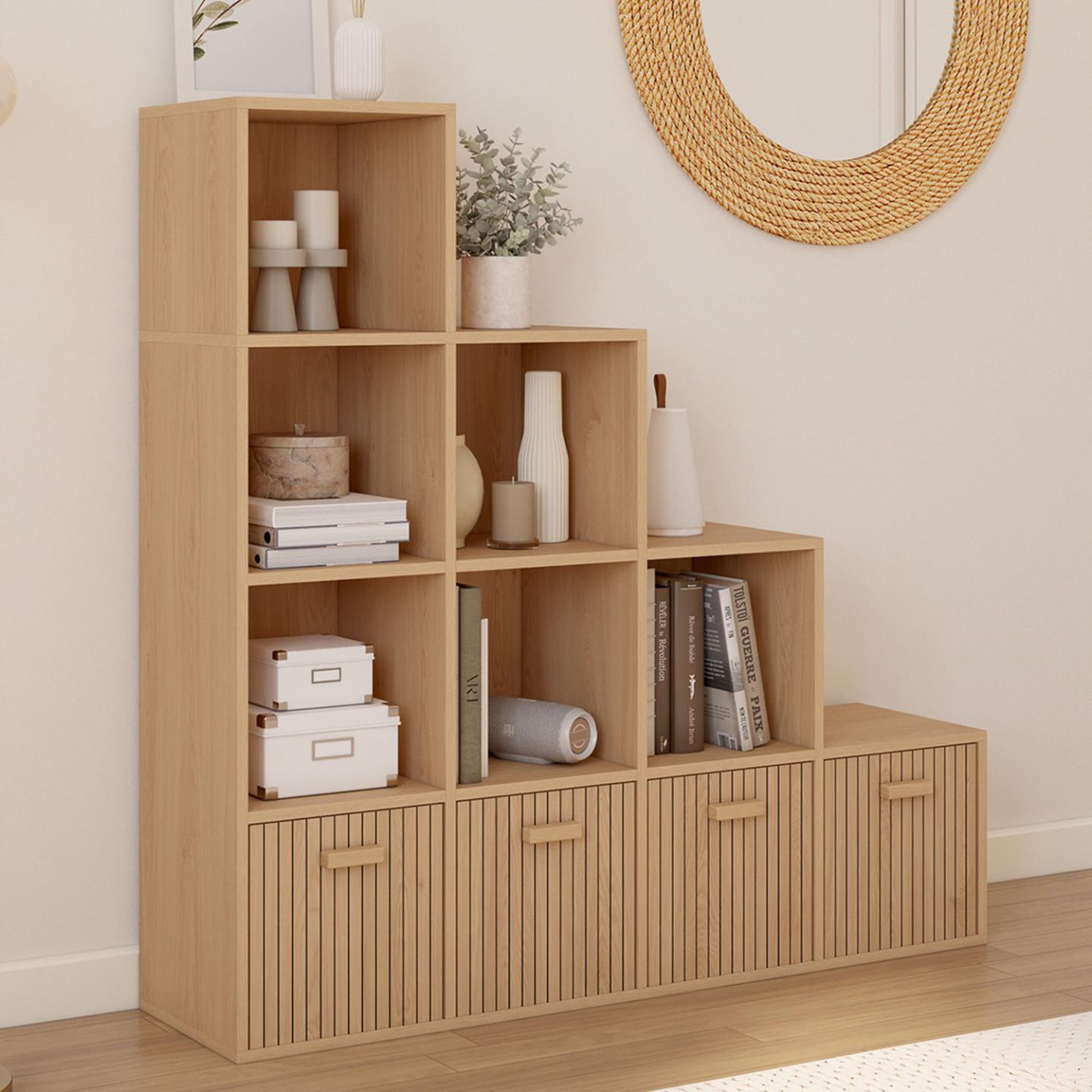 Voir la diapositive 2 : ID MARKET Meuble de rangement en escalier lorys 4 niveaux effet lattes juliette avec 4 tiroirs en tissu