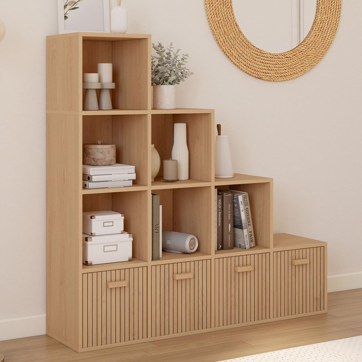 ID MARKET Meuble de rangement en escalier LORYS 4 niveaux effet lattes JULIETTE avec 4 tiroirs en tissu