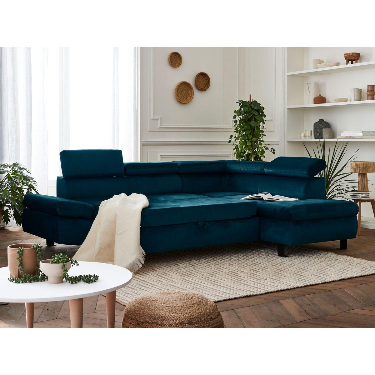 LISA DESIGN Nairobi - canapé d'angle convertible - en velours - 5 places - avec têtières - droit