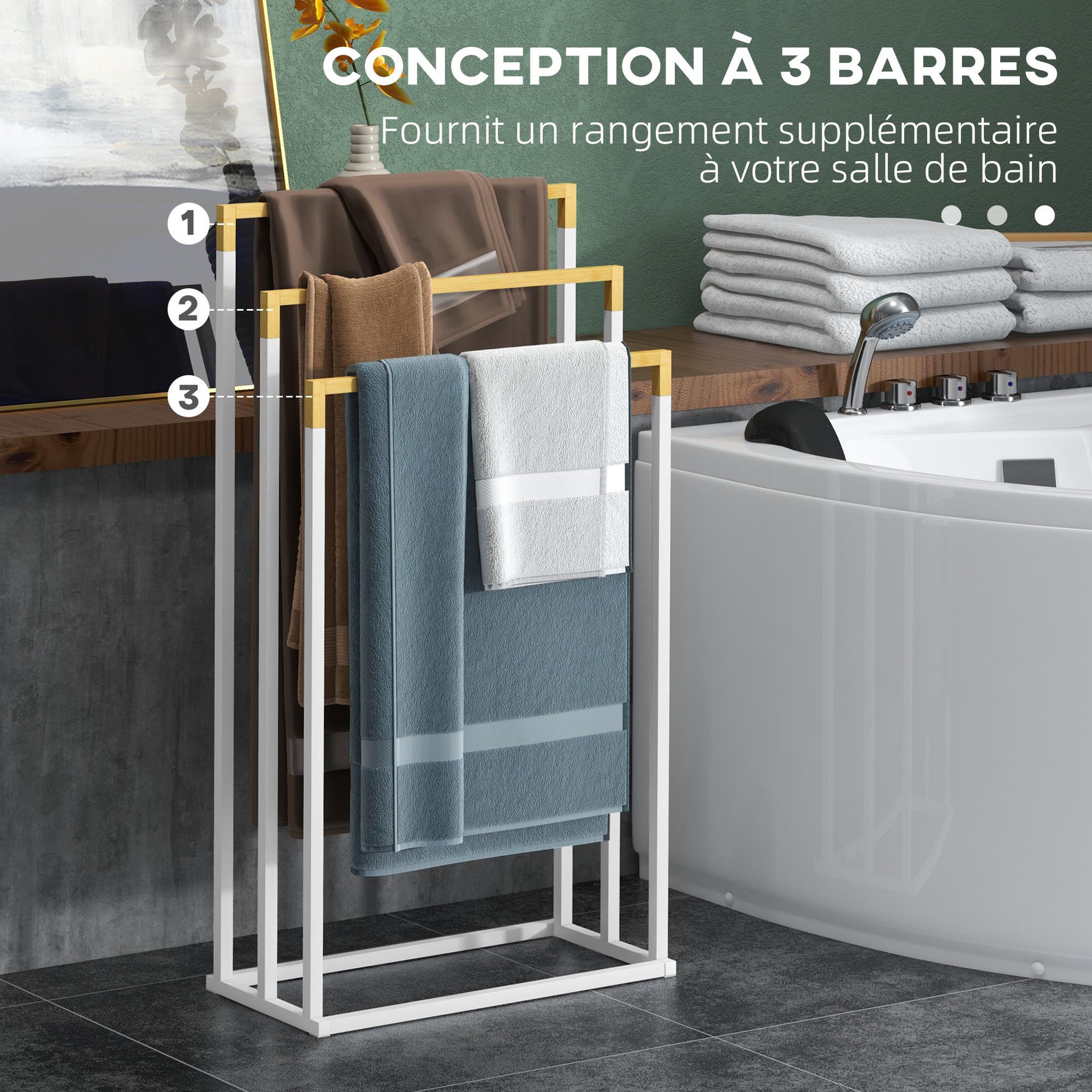 Voir la diapositive 5 : KLEANKIN Porte-serviette autoportant 3 barres - dim. 45l x 22l x 86h cm - bois bambou acier blanc