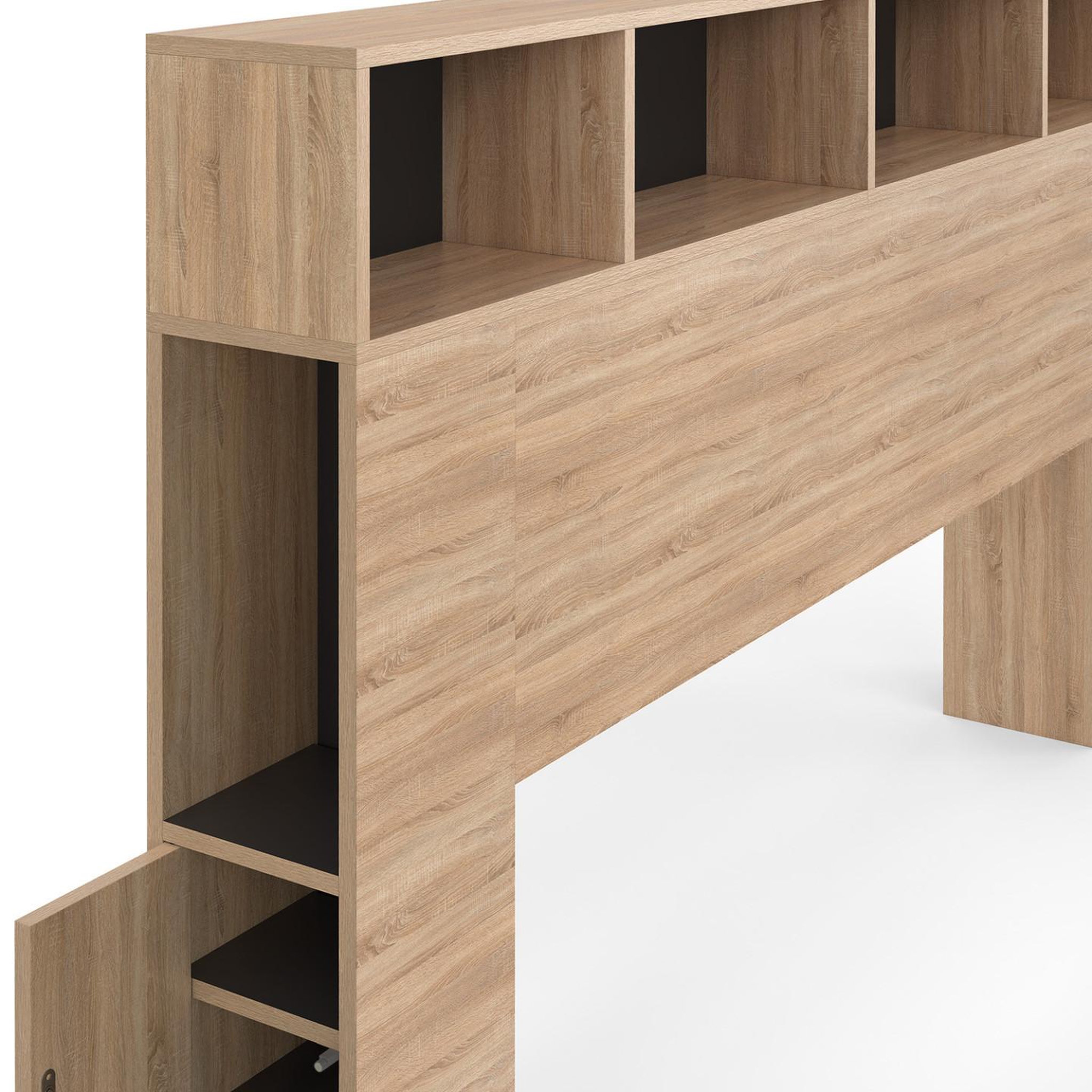 Voir la diapositive 5 : ID MARKET Tête de lit sur pied cleo 165 cm avec rangements fermés et niches façon hêtre et noir