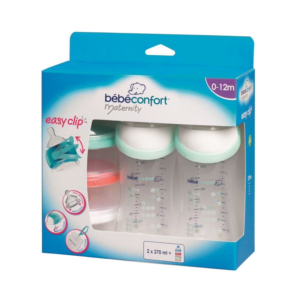 Bebe Confort Lot de 2 biberons Easy clip 270ml + doseur de lait