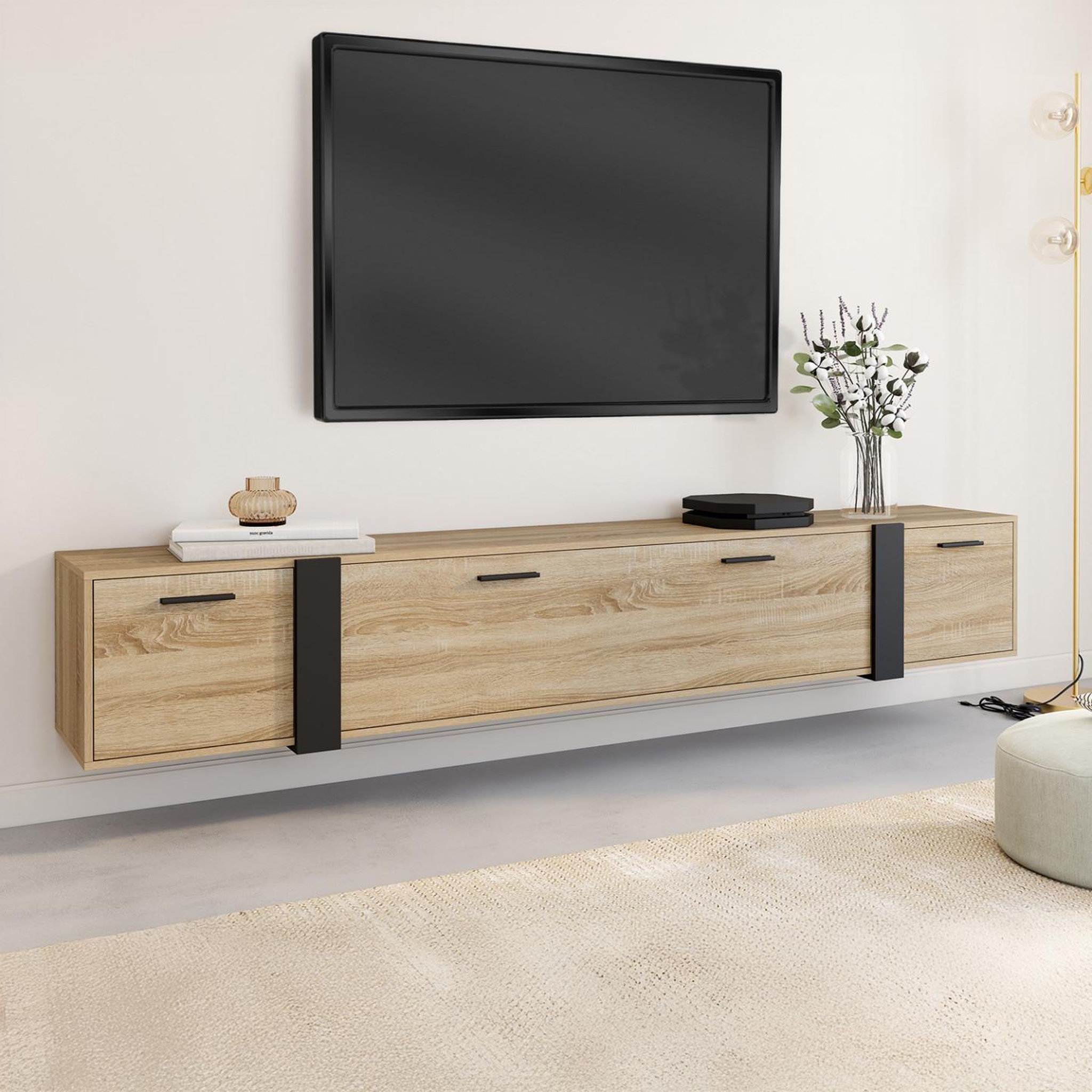 Voir la diapositive 2 : ID MARKET Meuble tv 180 cm suspendu phoenix 3 portes design industriel