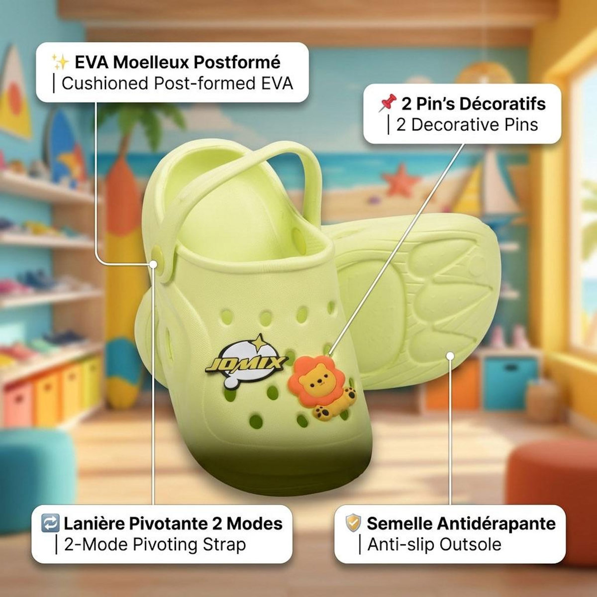OZABI OZABI Sabot Enfant EVA Moelleux - 2 Pin's Décoratifs - Lanière Pivotante