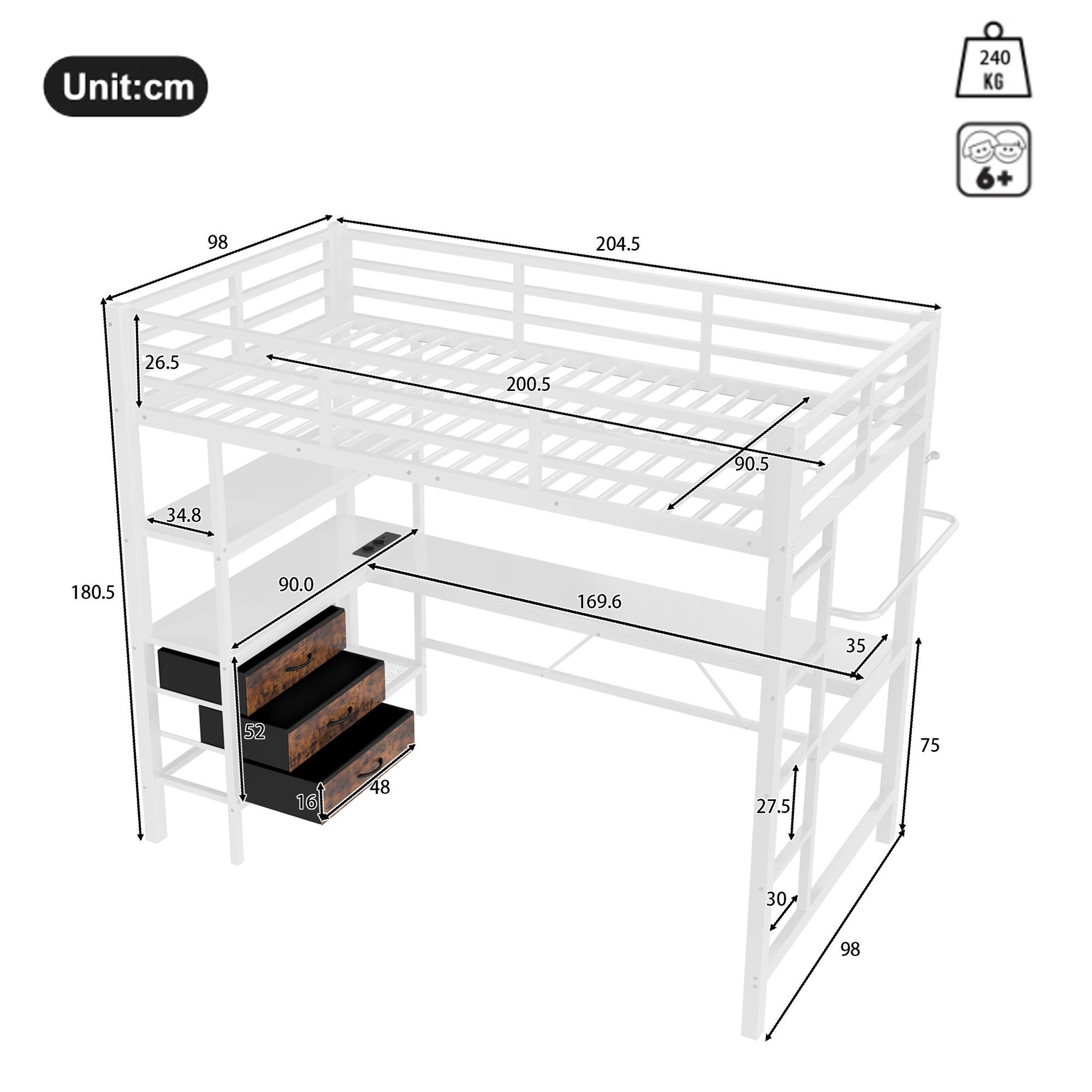 Voir la diapositive 3 : MERAX Lit mezzanine 90x200cm