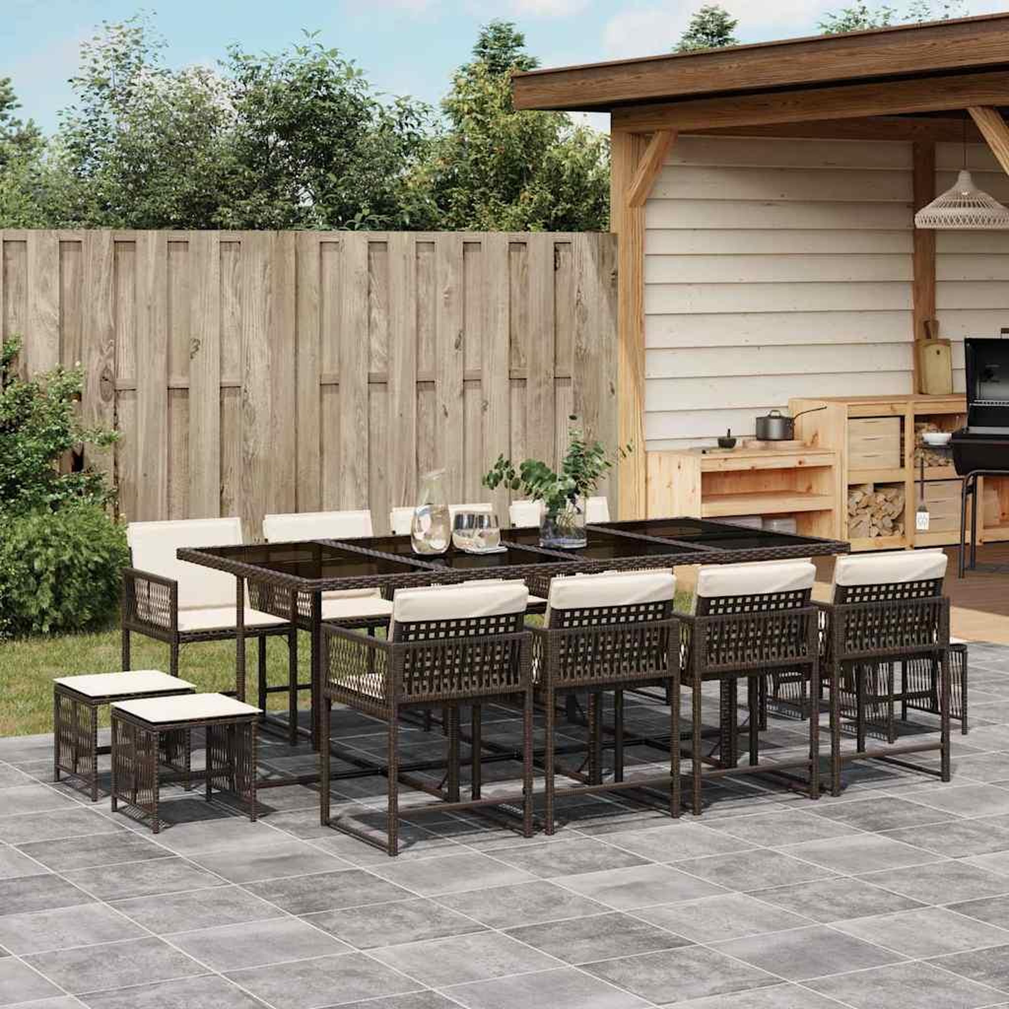 VIDAXL Ensemble a manger de jardin avec coussins 13 pcs marron rotin
