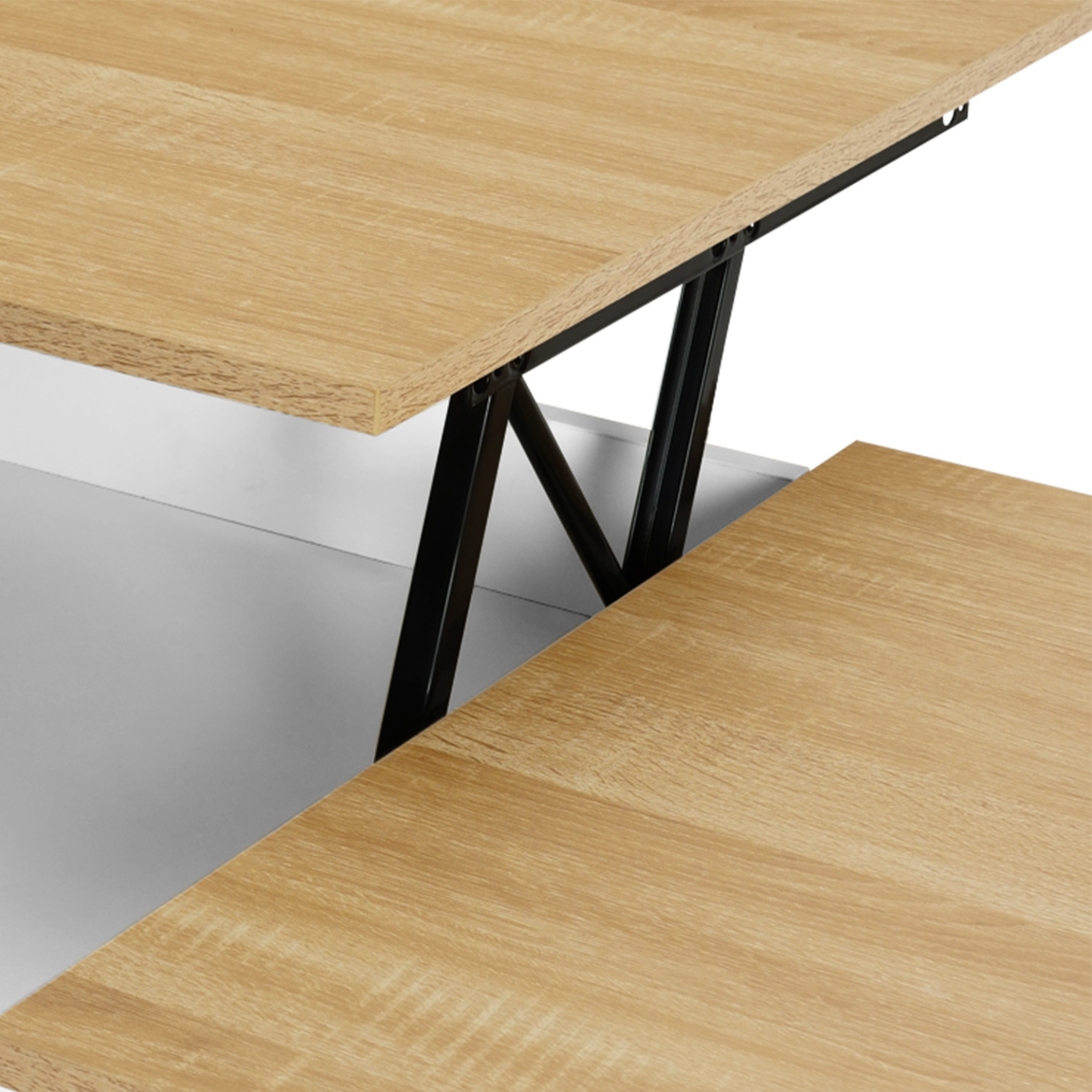 Voir la diapositive 6 : ID MARKET Table basse 2 plateaux relevables elea avec coffre bois blanc et façon hêtre
