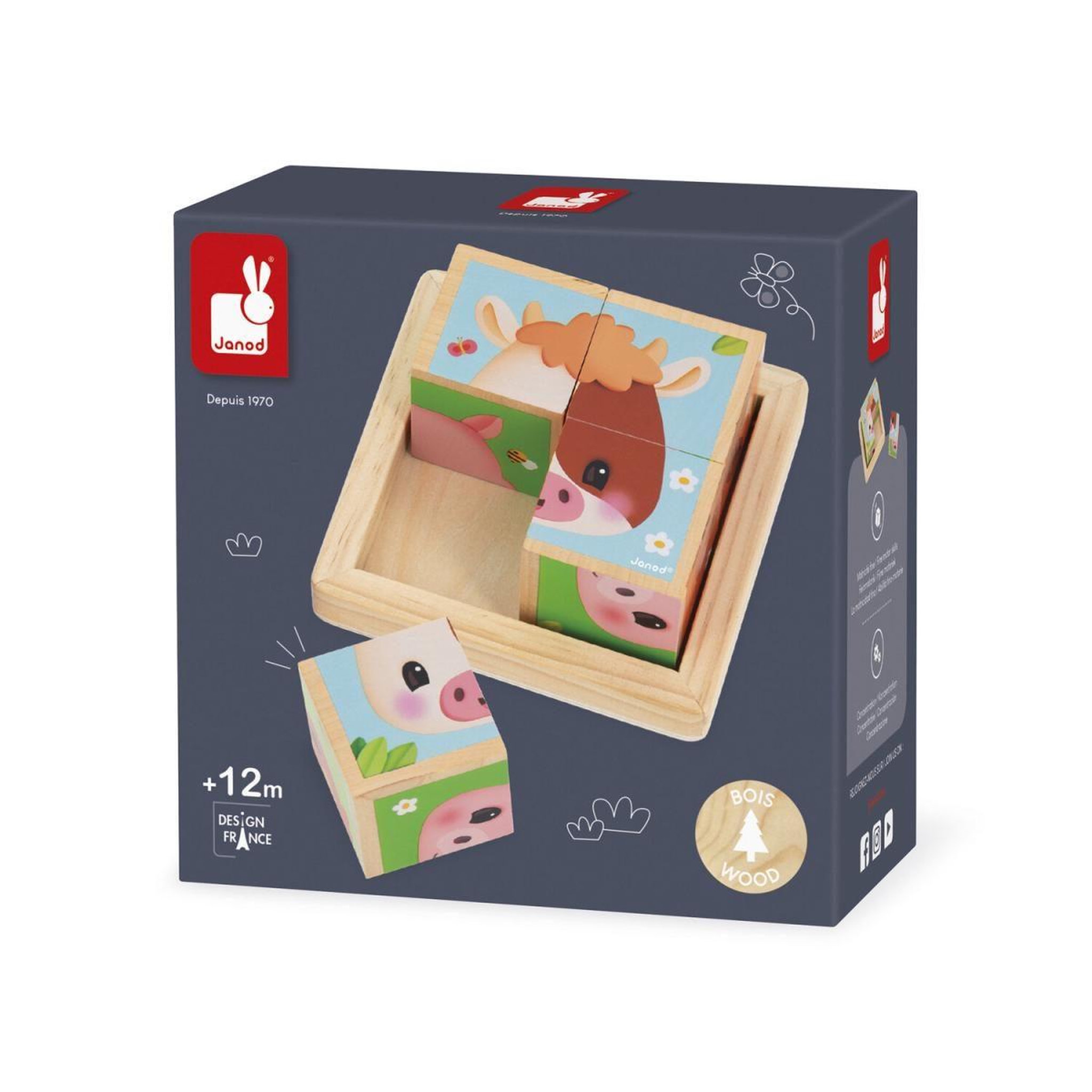 JANOD Puzzle 4 cubes les animaux de la ferme