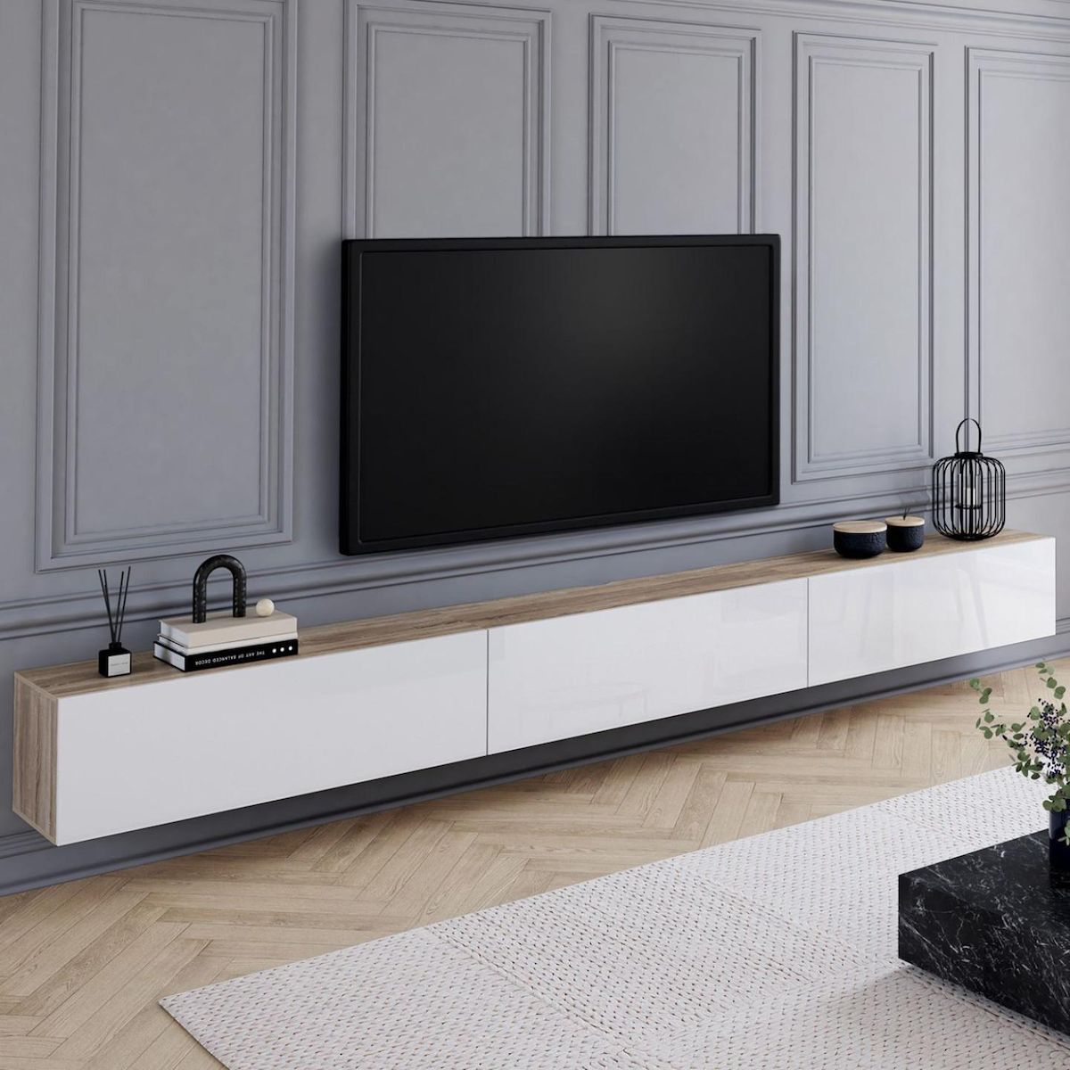 ID MARKET Meuble TV 300 cm suspendu ELIO 3 portes bois et blanc