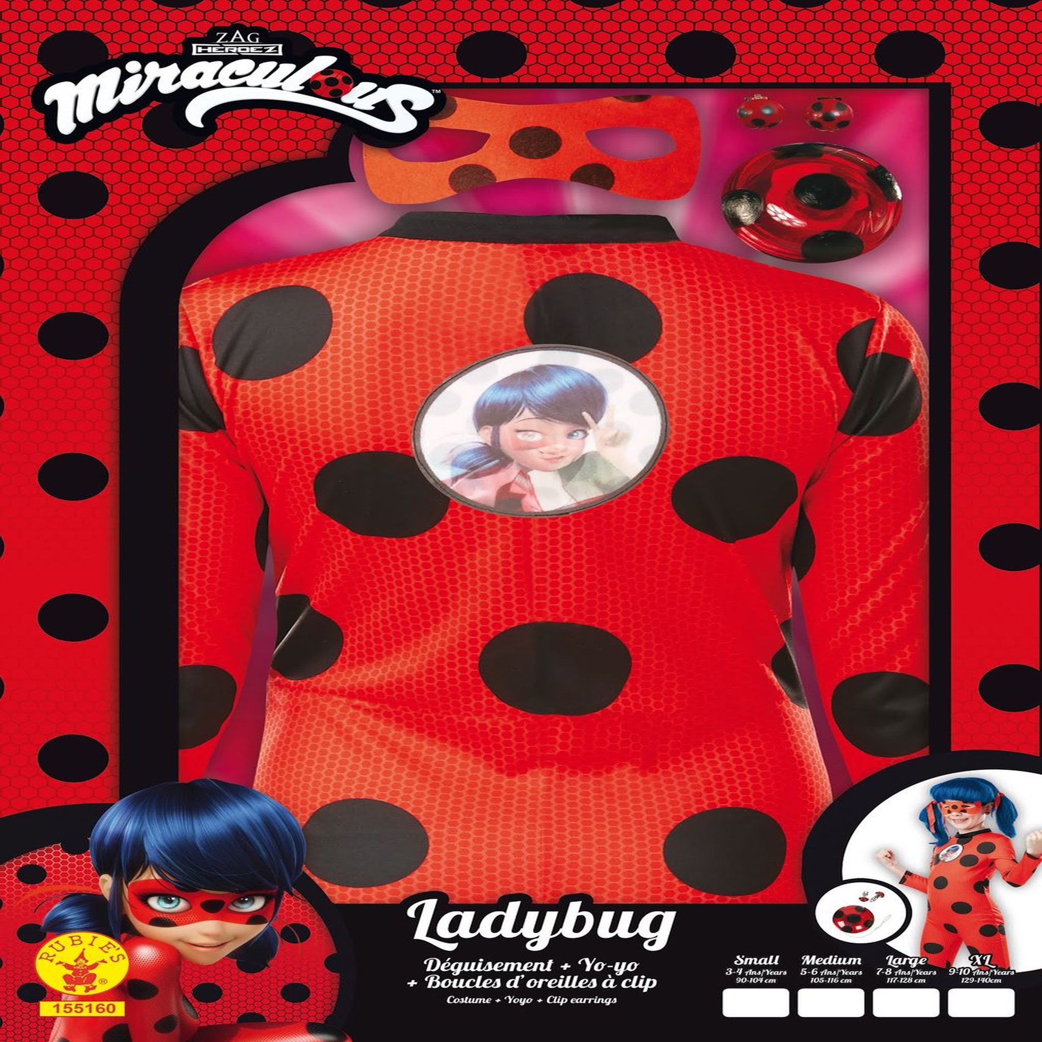 Voir la diapositive 2 : RUBIES Déguisement Panoplie Ladybug + Kit Yoyo & Boucles D'Oreilles - Taille L - 7/8 ans