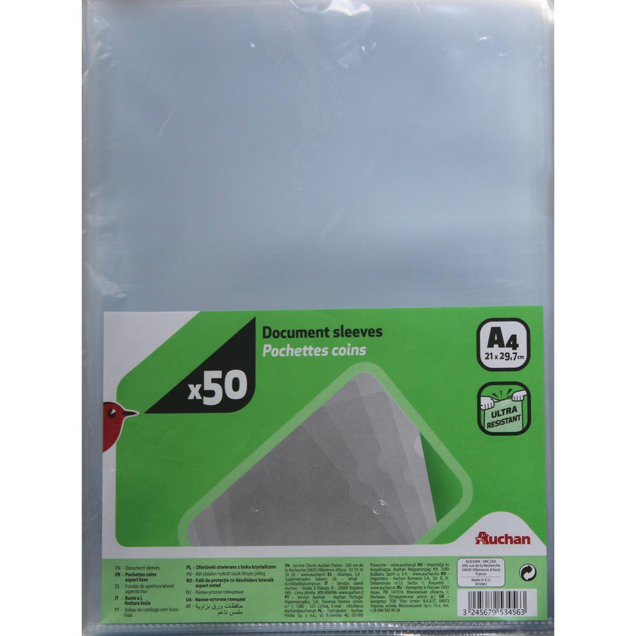 AUCHAN  Lot de 50 pochettes coins A4 lisses