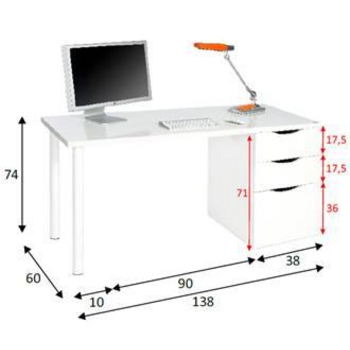 Bureau droit réversible 3 tiroirs L138cm BLACKBURN