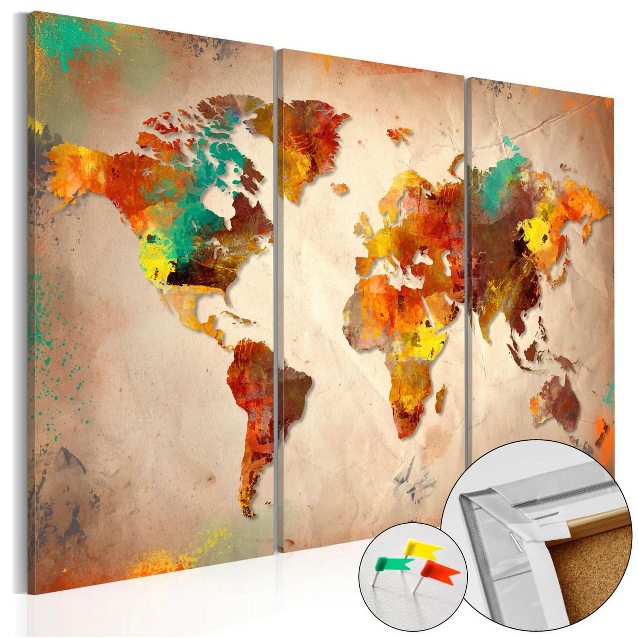 Paris Prix Tableau en liège  carte du monde - painted world. Coloris disponibles : Multicolore