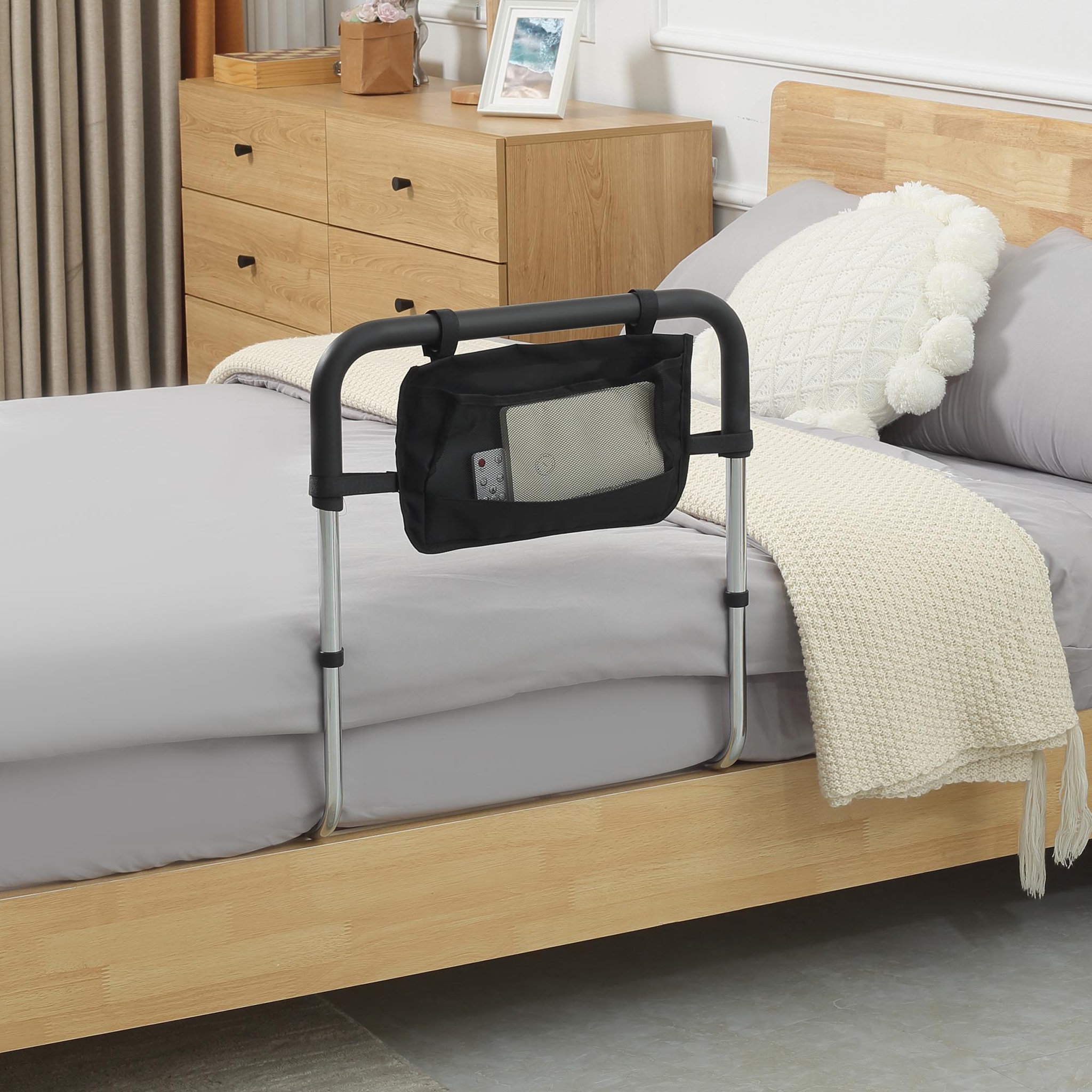 Voir la diapositive 2 : HOMCOM Barre de redressement de lit réglable en hauteur - poignée d'appui pour le lit - barre d'appui de lit avec rangement - acier noir