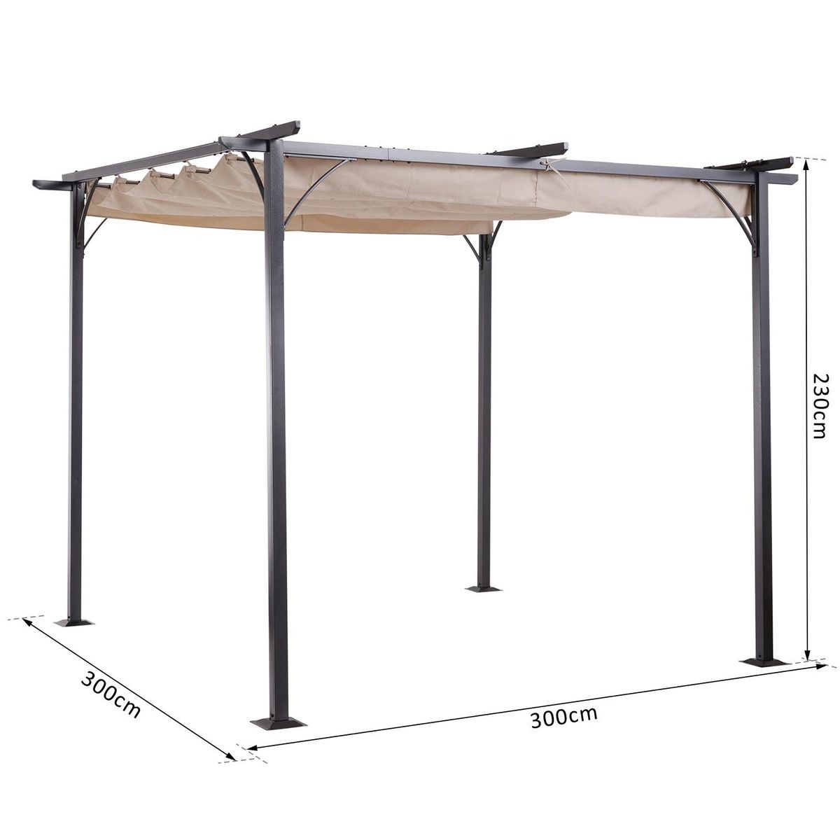 OUTSUNNY Pergola rétractable 3L x 3l x 2,30H m structure métal époxy anticorrosion noire + toile polyester haute densité 180 g/m² incluse beige